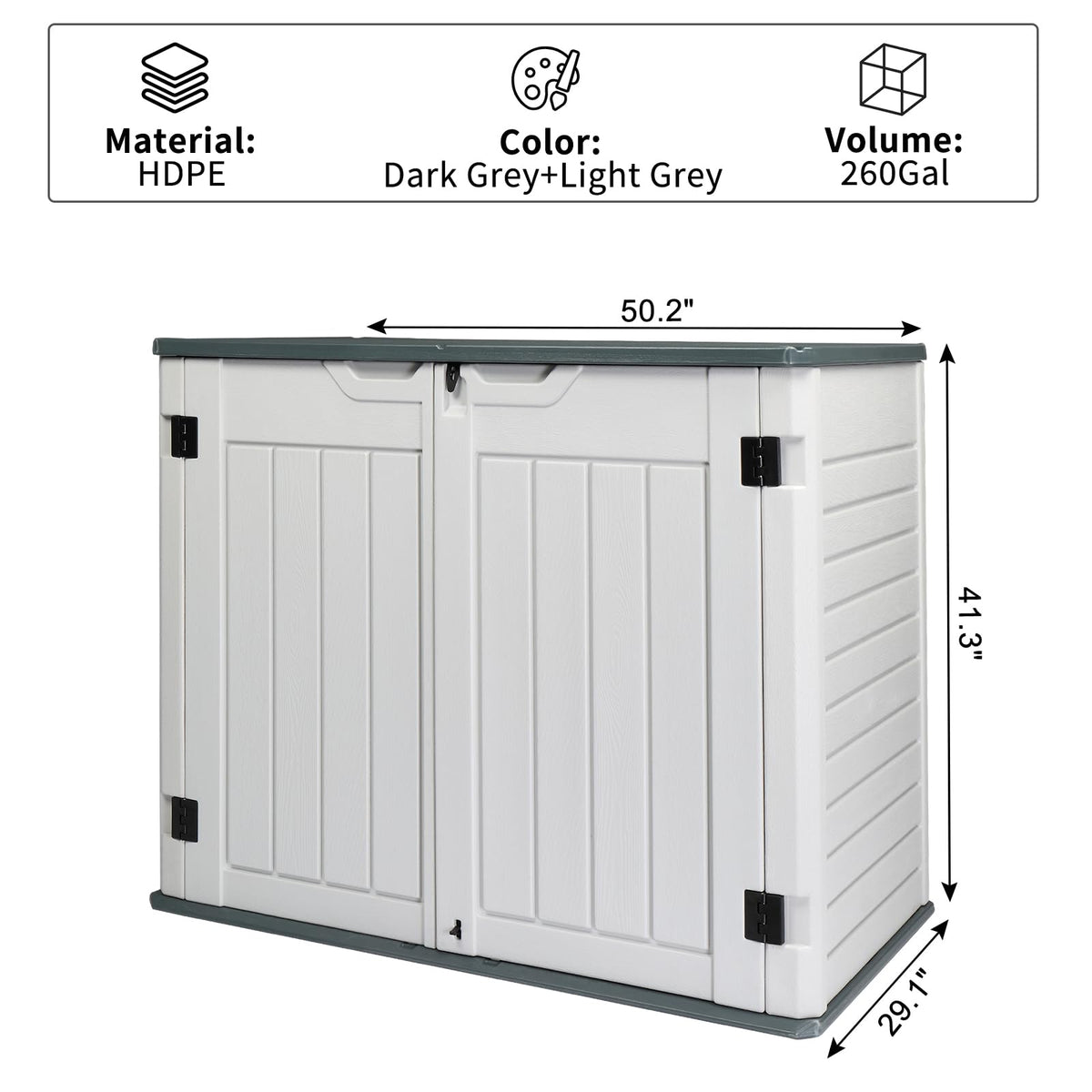 260 Gallon Deck Box, Outdoor Large Storage for Patio Furniture Cushions, Garden Pool Accessories, Deck Box Outdoor Storage Boxes for Patio Furniture 50""W x 29""D x 41"" H, White / Grey
