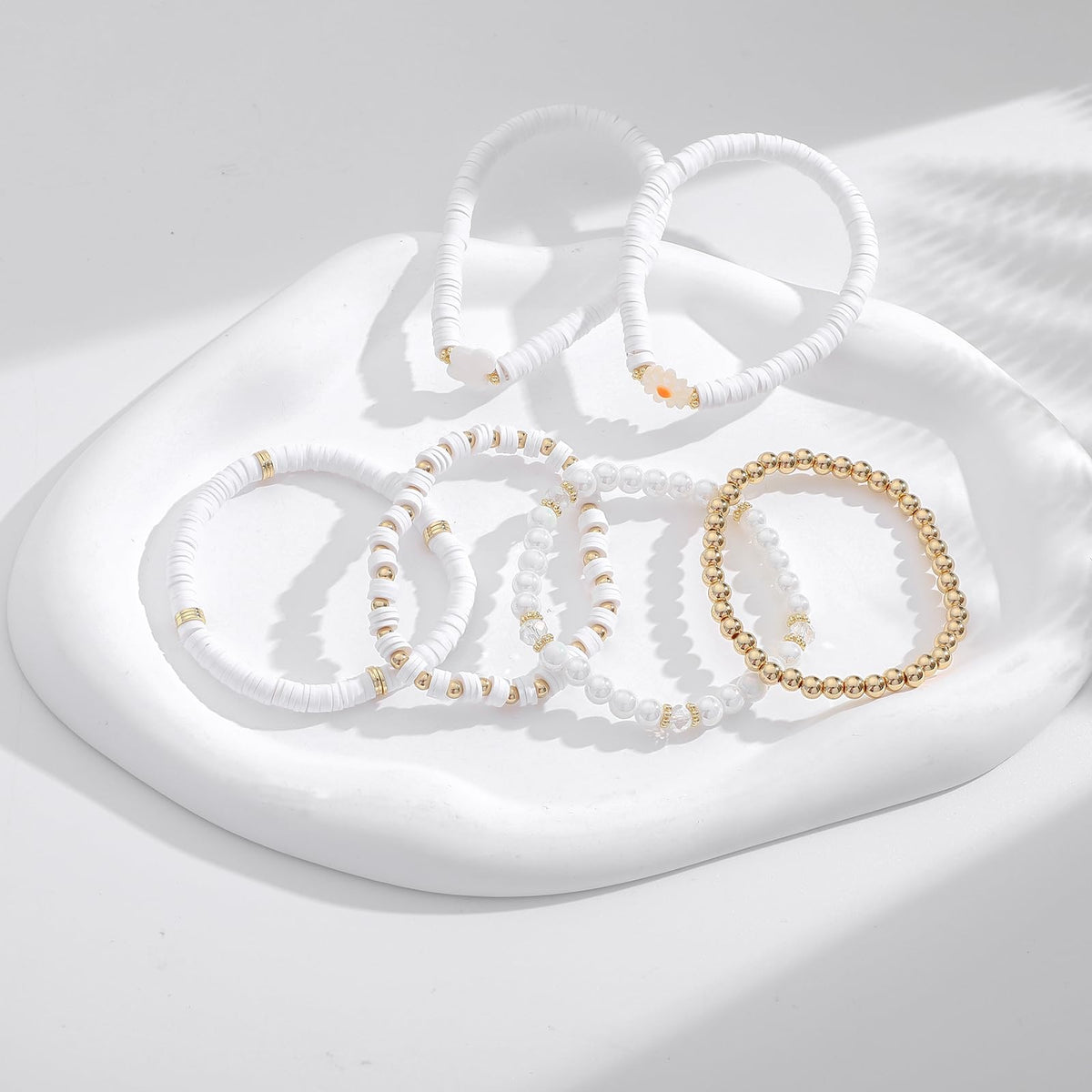 GOOJIDS White Surfer Heishi Clay Bead Bracelets for Women Bohemian Stackable Gold Beaded Stretch Bracelets Elastic Layering Friendship Bracelets Set Boho Jewelry