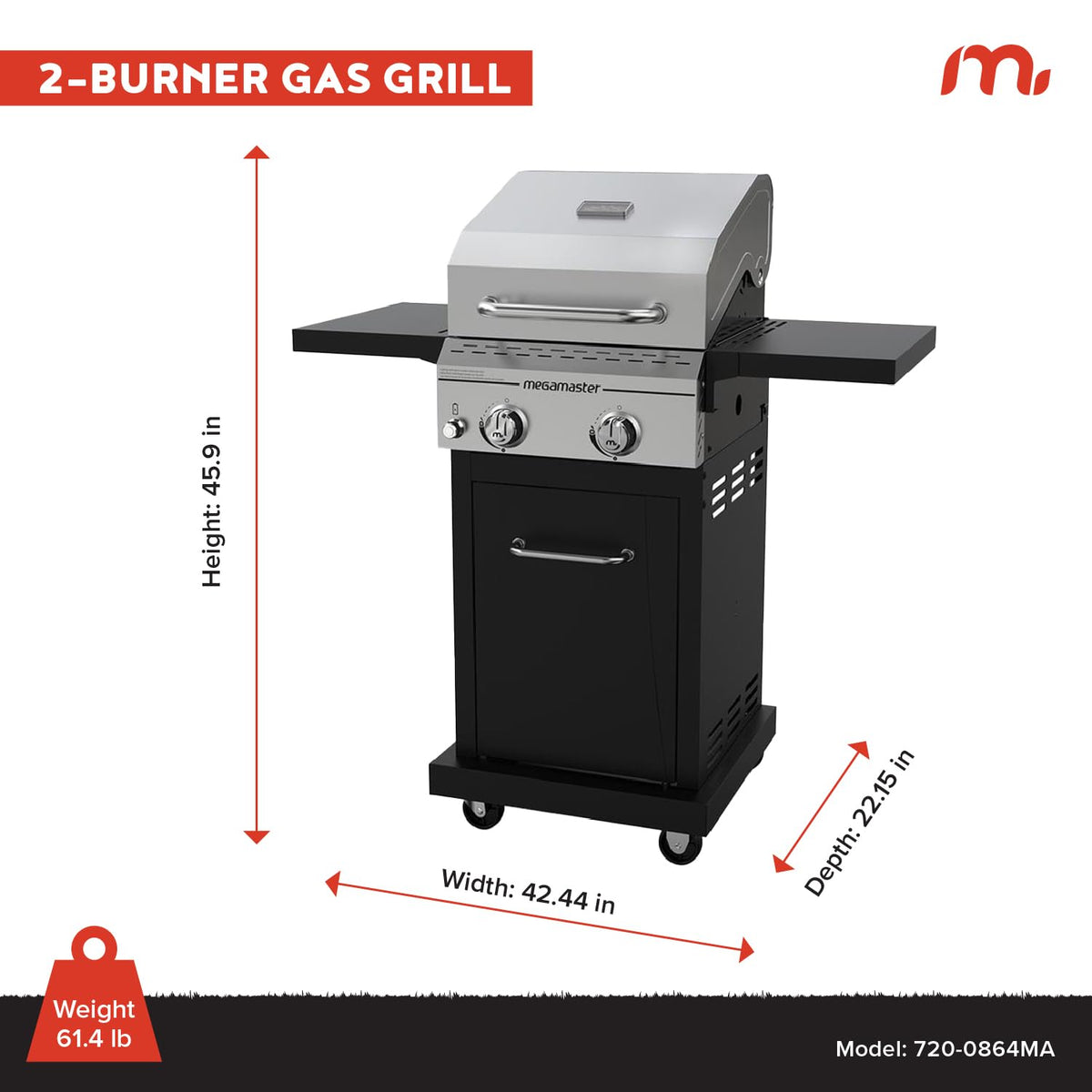 Megamaster Deluxe 2-Burner Gas Grill with Foldable Side Tables, 418 SQ In Cooking Space, 28000 BTUs, Stainless Steel Lid, Propane BBQ Grill for Outdoor Cooking, Patios, Backyards and More - 720-0864MA