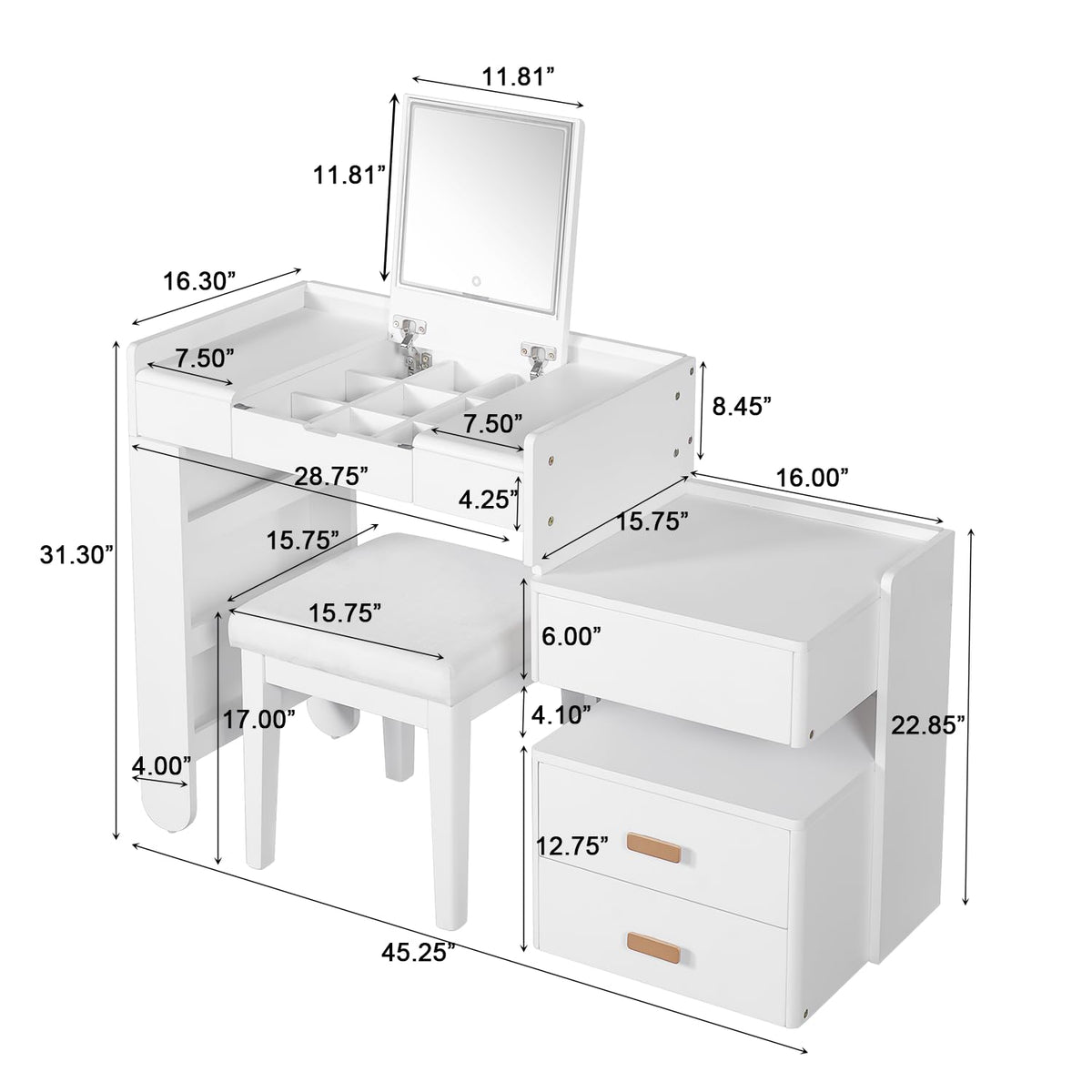 Merax Makeup Vanity Desk with Flip-Top Mirror and Lights, Modern Vanity Set with Cushioned Stool, 3-in-1 Dressing Table with Retractable Side Cabinet and Ample Drawers for Bedroom, White