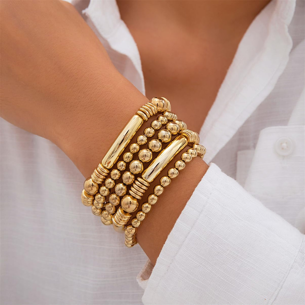 LXSSLY 5Pcs Gold Bangles Bracelets Set for Women,14K Gold Plated Stackable Bead Ball Bracelets Set,Adjustable Bead Bracelets,Boho Stretch Bead Ball Bracelet for Women, 7 in