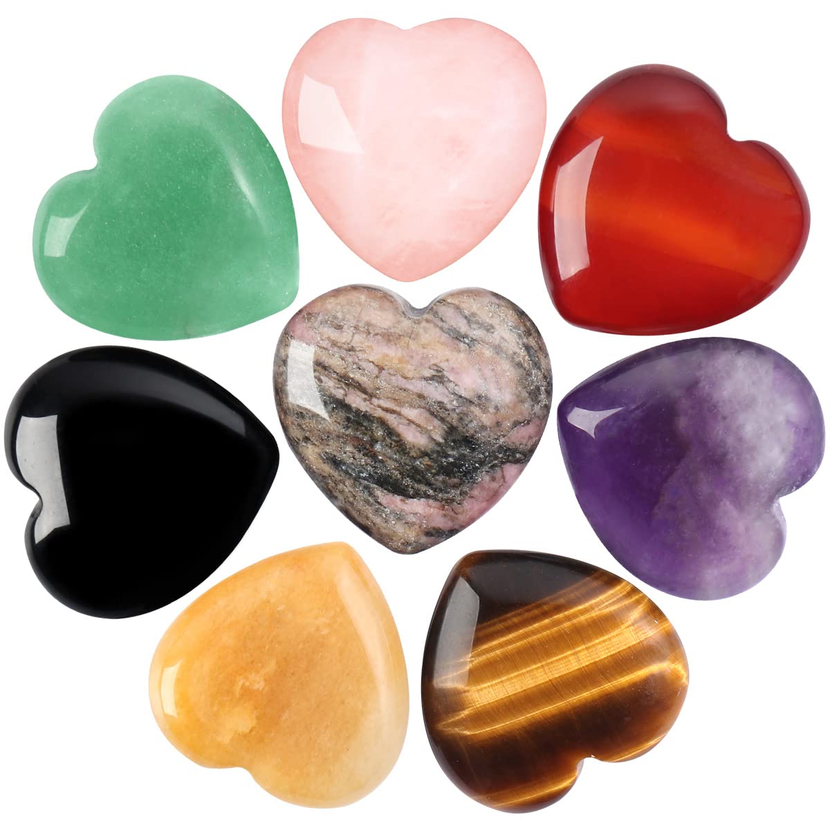 CASMON 8 Pcs Natural Mix Heart Love Stones (1 Inches), Puff Hearts Healing Palm Crystal Set with Gift Box for Chakra Reiki Home Décor