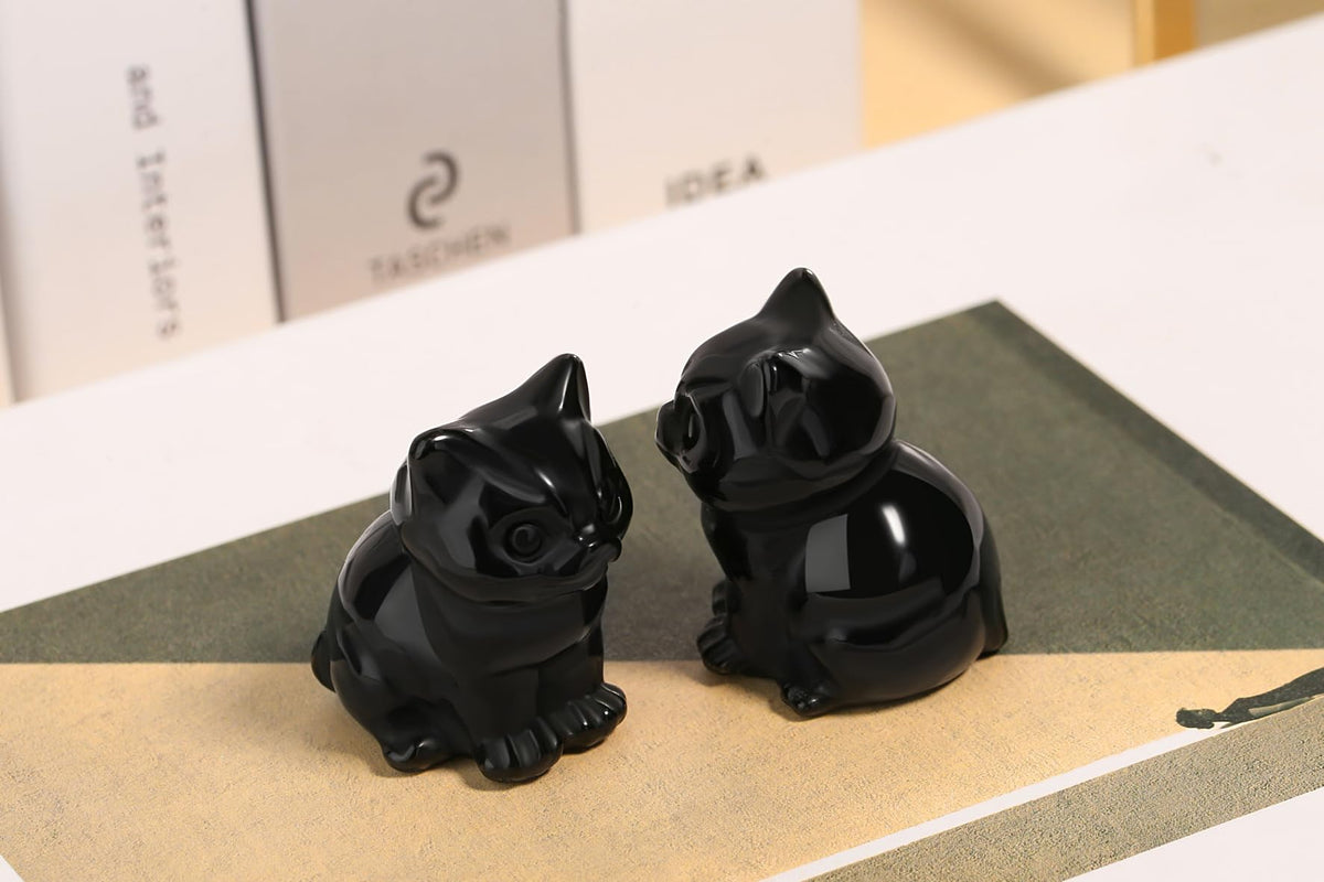 QINJIEJIE Black Obsidian Cat Decor Statue Carved Stone Figurine Healing Crystals Gift Natural Gemstone Home Sculpture Office Room Desk Decoration Sitting Black Cat Gifts for Men Stocking Stuffers