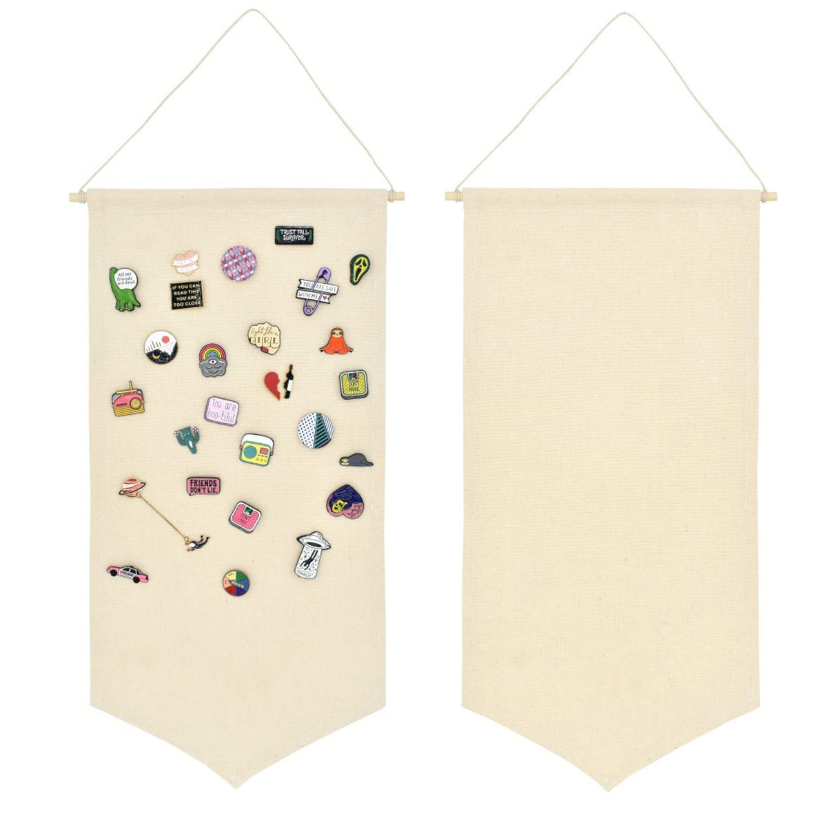 Hixixi 2pcs DIY Blank Canvas Flags Banners Stand Enamel Pin Brooch Collection Lapel Badge Storage Display Decorative Wall Hanging Banner Holder with Rod