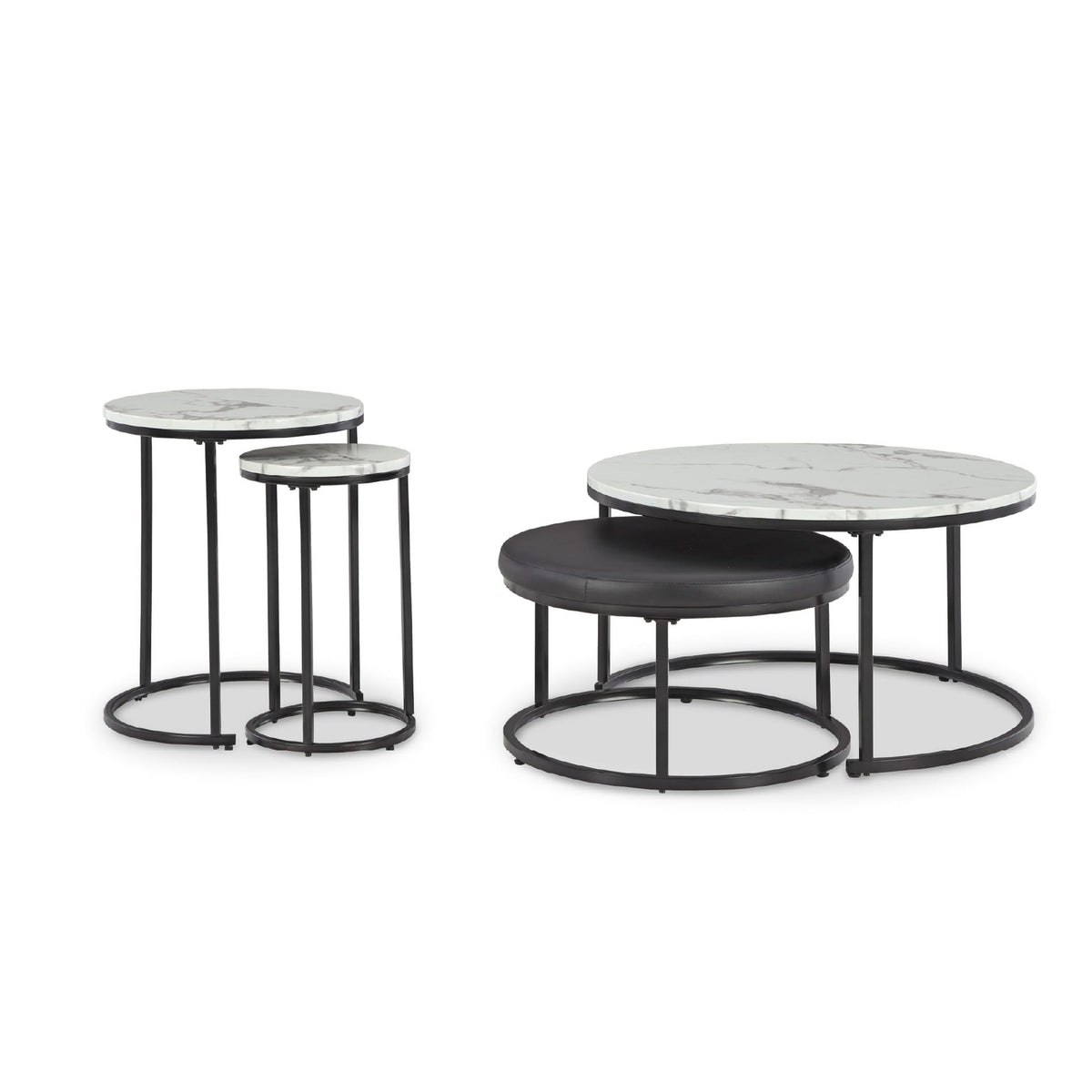 Signature Design by Ashley Jusmour Modern Nesting Table Set with Faux Leather Upholstered Ottoman, Set of 4, Black & White