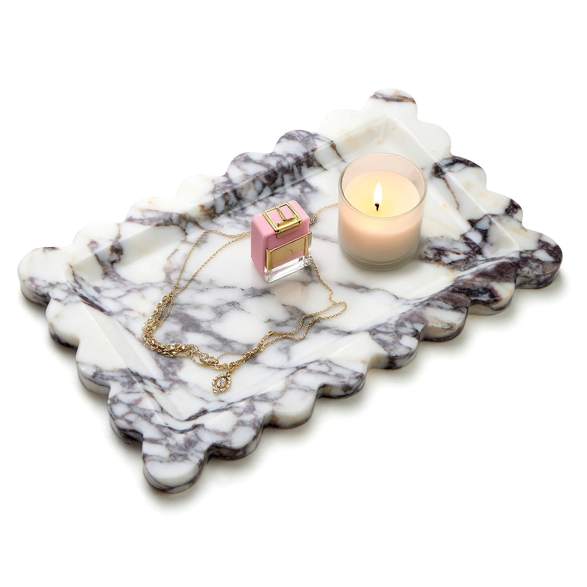 SAMAH Calacatta Viola Natural Marble Tray, Scalloped Bathroom Tray, Luxury Decorative Trays for Bathroom, Vanity, Dresser, Kitchen & Home Decor, Housewarming Gifts New Home (Rectangle)