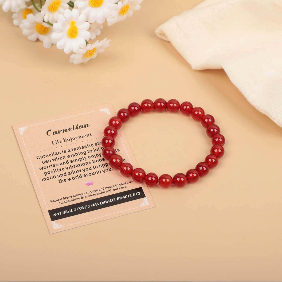 AD Beads Handmade Gemstone Stretch Elastic Bracelet Crystal Healing Reiki Nature's Beauty and Spiritual Essence Unisex (8mm, Carnelian (Life Enjoyment))