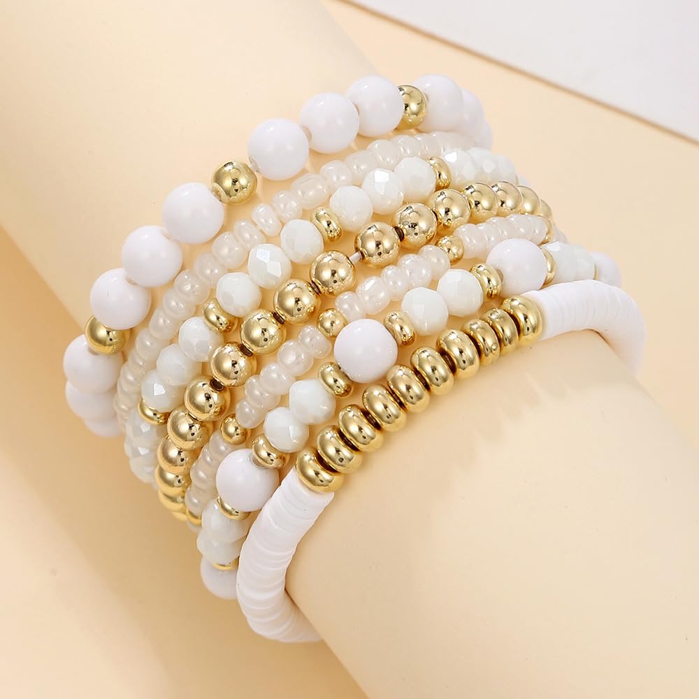 YEOSMINE Boho Heishi Clay Beaded Stretch Bracelets Stack For Women, Preppy Teens Friendship Gold Bracelets Cute Beach Surfer Accessories Bulk Set Trendy Fashion Jewelry