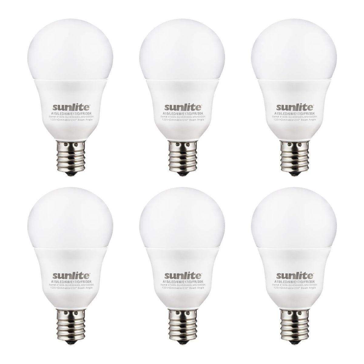Sunlite A15 E17 LED Bulb, 6W (40W Equivalent), 480 Lumens, Dimmable, 6 Pack, Frosted Finish, 2700K Soft White