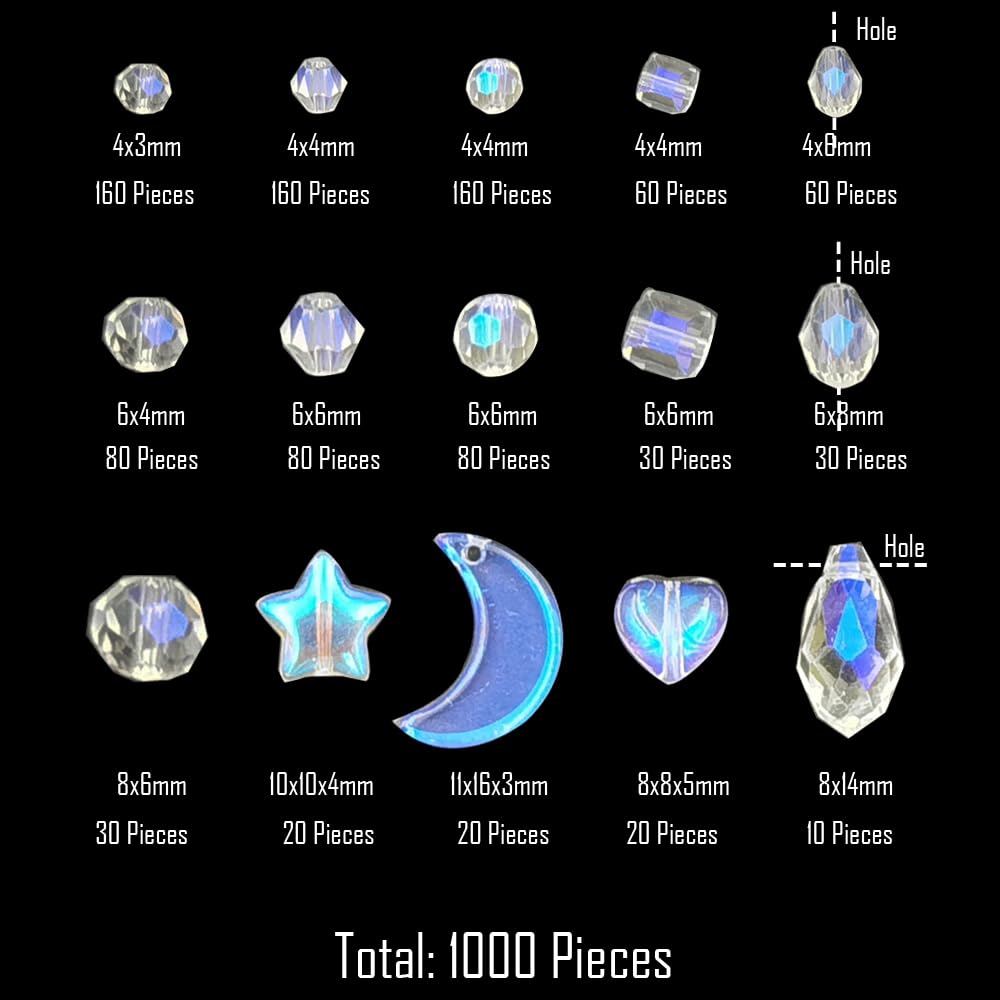 INSPIRELLE 1000 Pieces Crystal Glass Beads AB Finish Assorted Sizes and Shapes Bulk Faceted Beads for Jewelry Bracelet Making