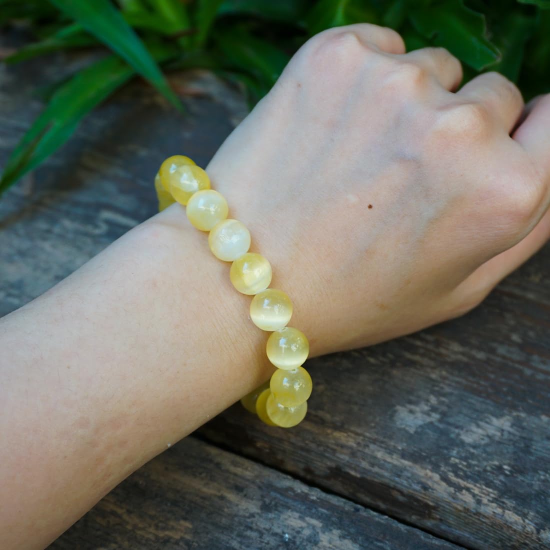 Natural Selenite Crystal Bracelet 10mm | Yellow Plated | Authentic Stone with Leather Pouch, Gift Box & Repair Kit | Fits 7-7.5 inch Wrist