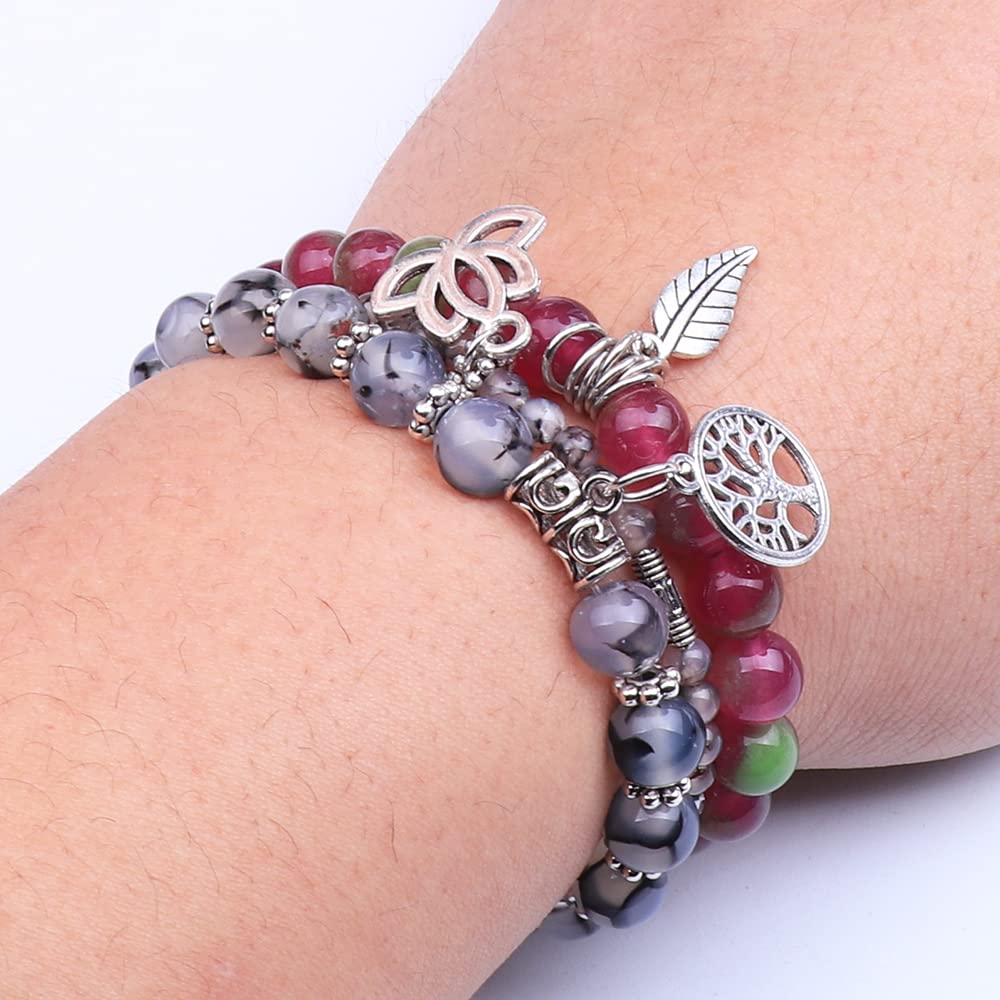UEUC Tree of Life Yoga Healing Stone Bracelets, Multilayer Lotus Chakra Stone Reiki Bracelet Sets, Anxiety Crystal Natural Stone,for Women Stress Relief(#74)