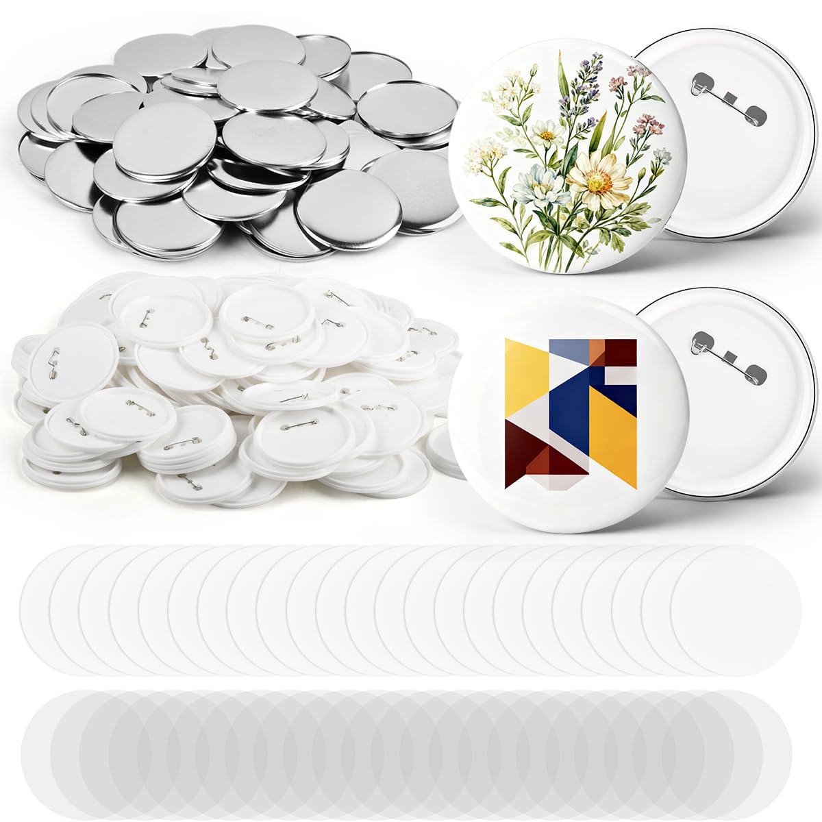 OTYMIOW 100 Sets 3 Inch Button Maker Supplies, 75mm Pin Maker Supplies, Round Badge Parts with Metal Covers, Plastic Pin Backs, Clear Film, Blank Paper, Perfect for Button Maker Machine, DIY Crafts