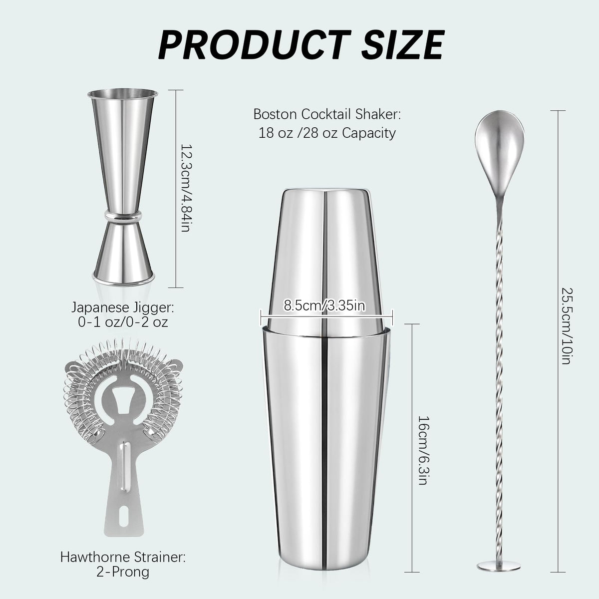 Professional Cocktail Shaker, Professional 5-Piece Bartender Kit with Boston Shaker, Hawthorne Strainer, Double Measuring Cocktail Jigger, and 10-inch Mixing Spoon, Stainless Steel Martini Shakers