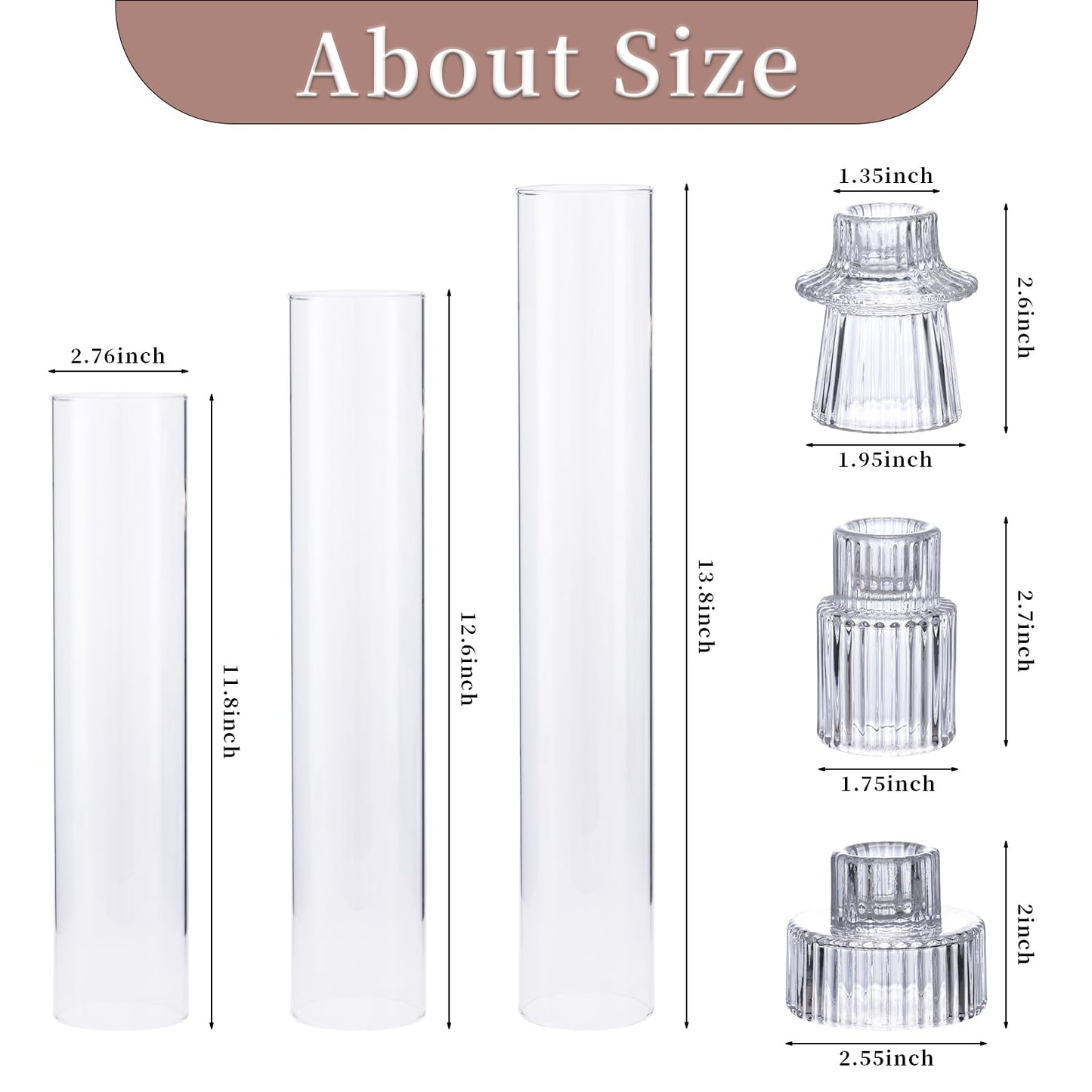 NITIME 3 Set Hurricane Glass Candle Holders for Taper Candles, Candlestick Holders with Windproof Glass Tubes(11.8"/12.6"/13.8" H), Taper Candle Holders for Table Centerpieces, Wedding, Party Decor