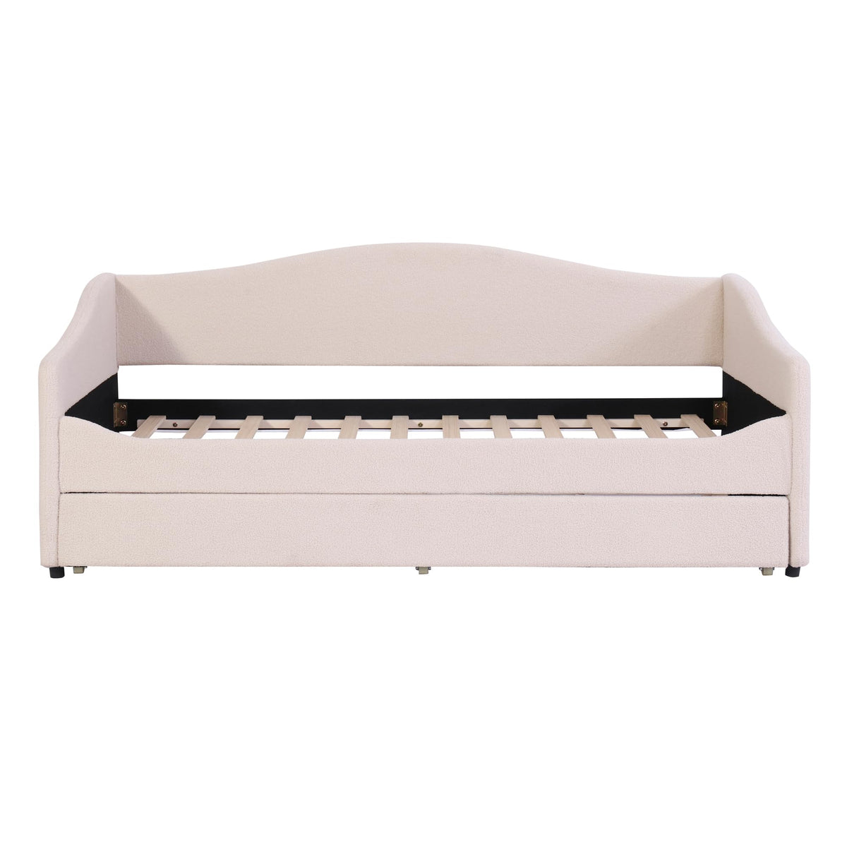 Twin Size Teddy Fleece Upholstered Daybed with Trundle and LED Lights, Daybed Frame with Stripe Design, Soft Fabric Sofa Bed with Slat Support, Space Saving Bed for Bedroom Living Room, White