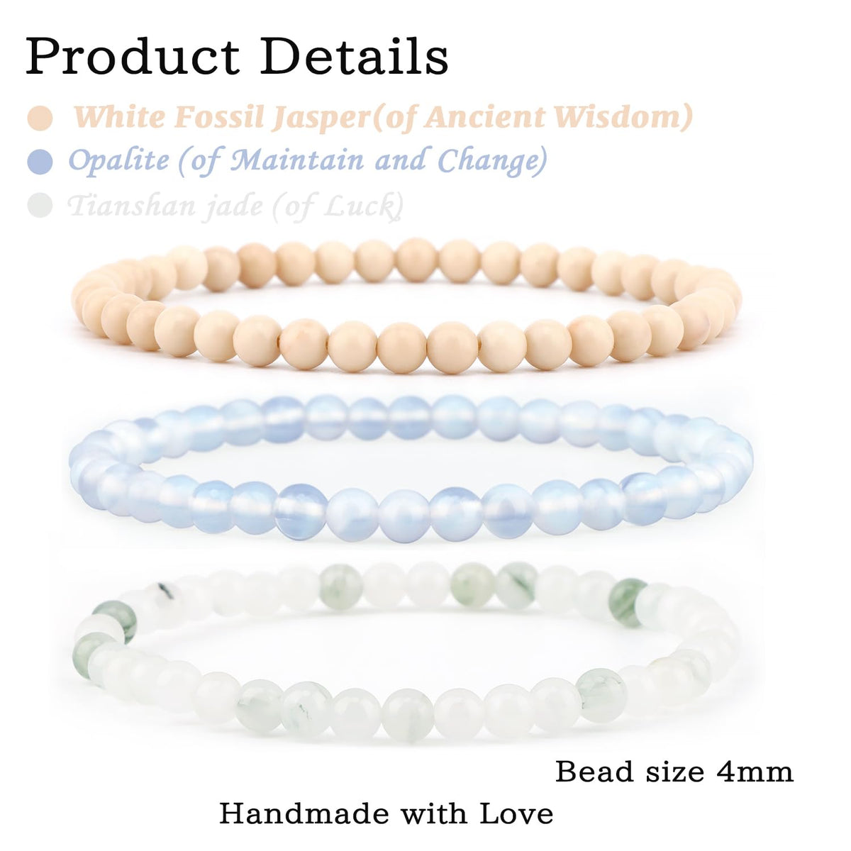 NCB 3-Piece 4mm Natural Crystal Gemstone Stretch Bracelets – ﻿Opalite, Tianshan Jade, White Fossil Jasper Handmade Reiki Energy Healing Jewelry for Meditation,Yoga, Unisex