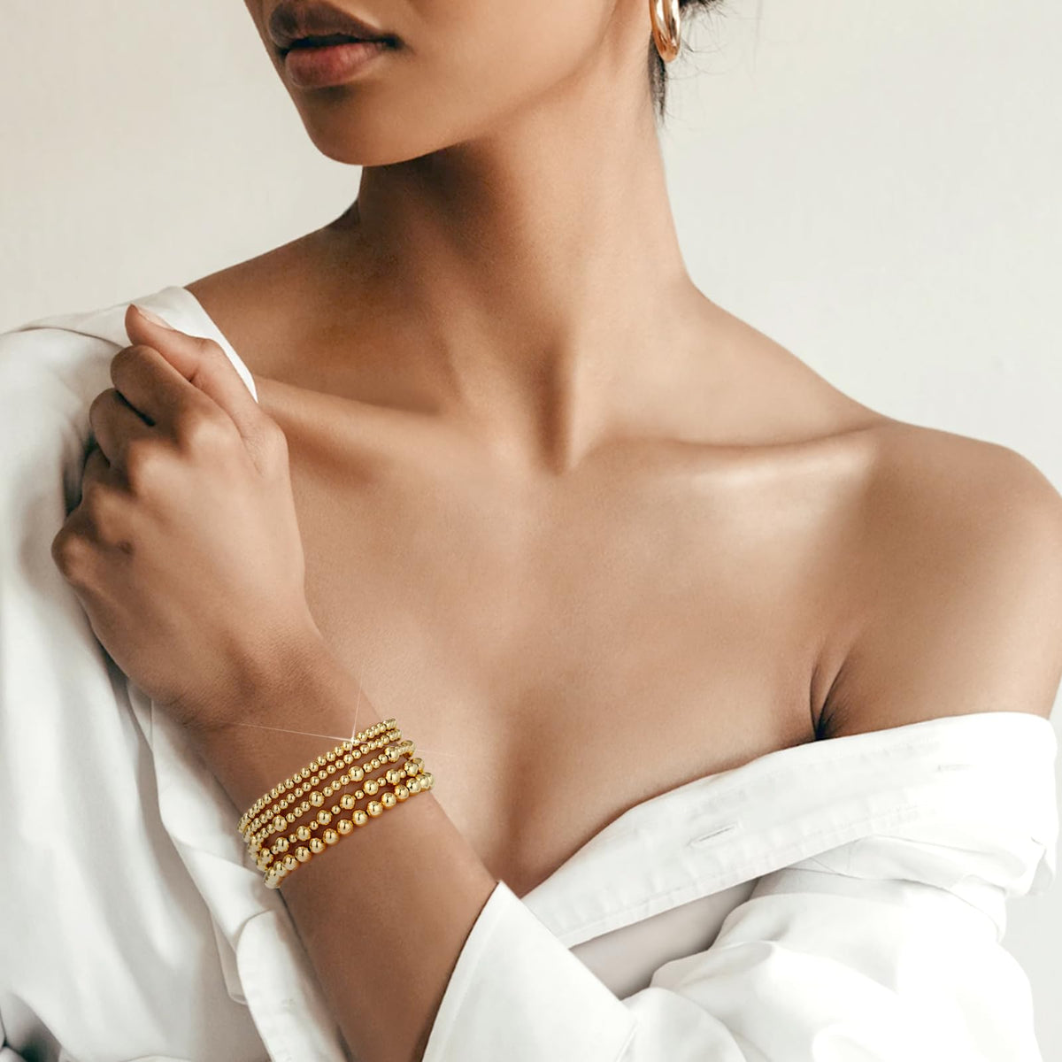 adoyi Gold Bracelets for Women, 14K Gold Plated Beaded Stretch Bracelet Strand Bead Ball Bracelets stack Set Trendy Adjustable Non Tarnish Jewelry Sets for Womens Gifts