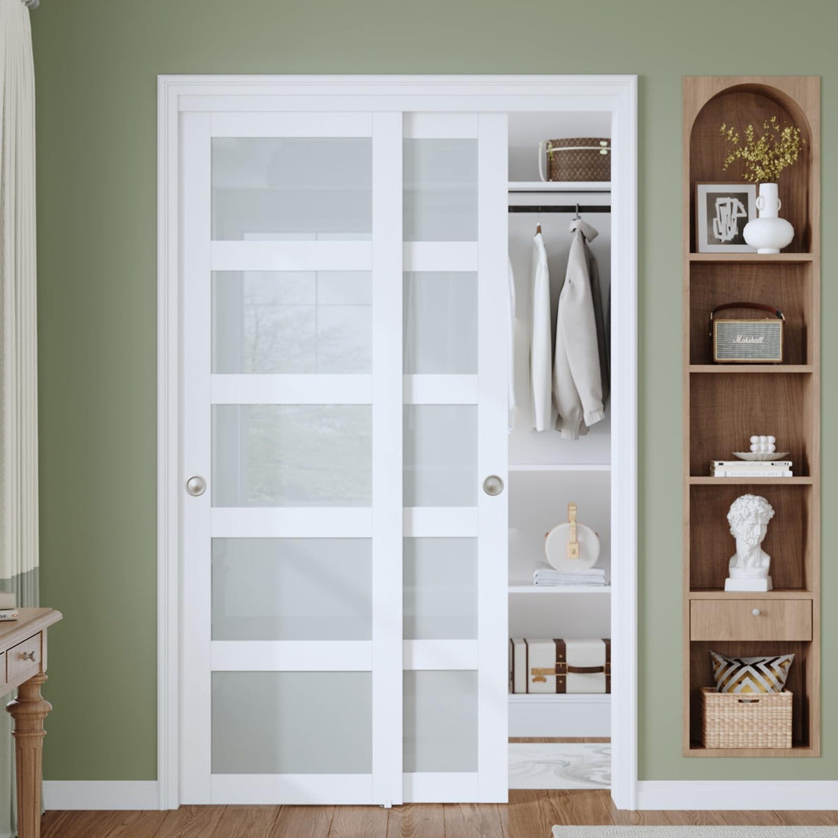 Finosen Bypass Sliding Closet Door Slab, 48 x 80 in (Double 25 inch), 5-Lite Frosted Glass, Barn Door with Hardware Kit Included, Need to Assemble, MDF with PVC Surface, White