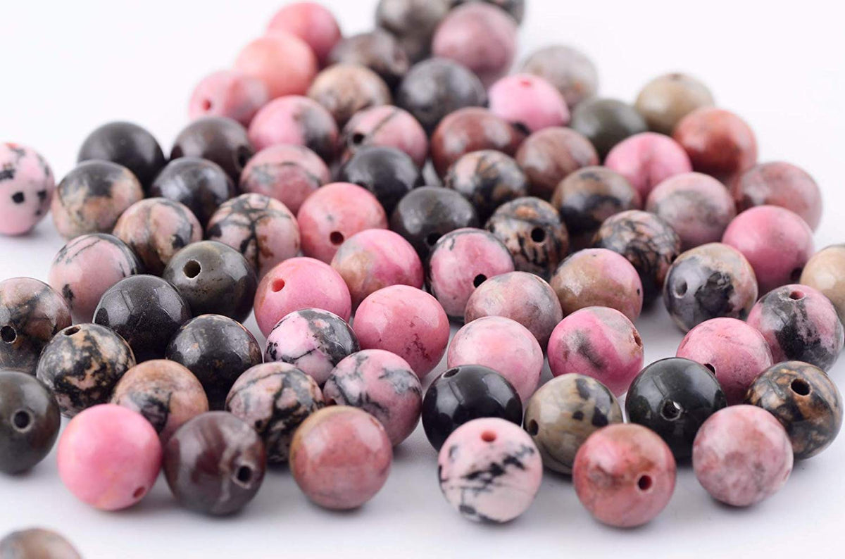 Natural Stone Beads 100pcs 10mm Black Stripe Rhodonite Round Real Stone Beading Loose Gemstone Hole 1mm DIY Charm Beads for Bracelet Necklace Earrings Jewelry Making (Black Stripe Rhodochrosite, 10mm)