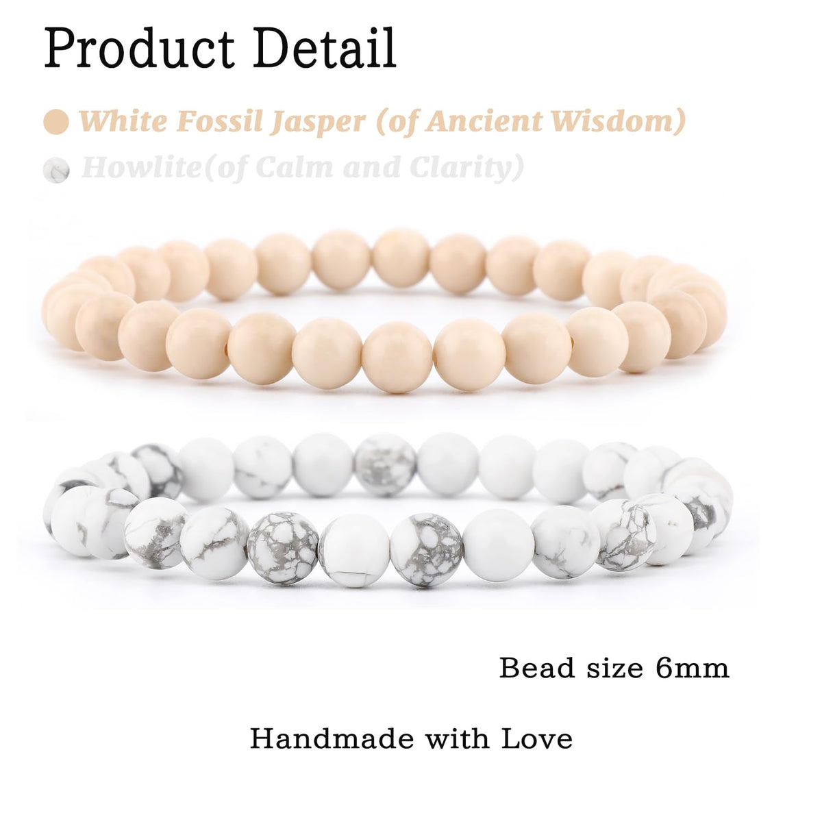 NCB 2-Piece 6mm Natural Crystal Gemstone Stretch Bracelets – ﻿Howlite, White Fossil Jasper Handmade Reiki Energy Healing Jewelry for Meditation,Yoga, Unisex