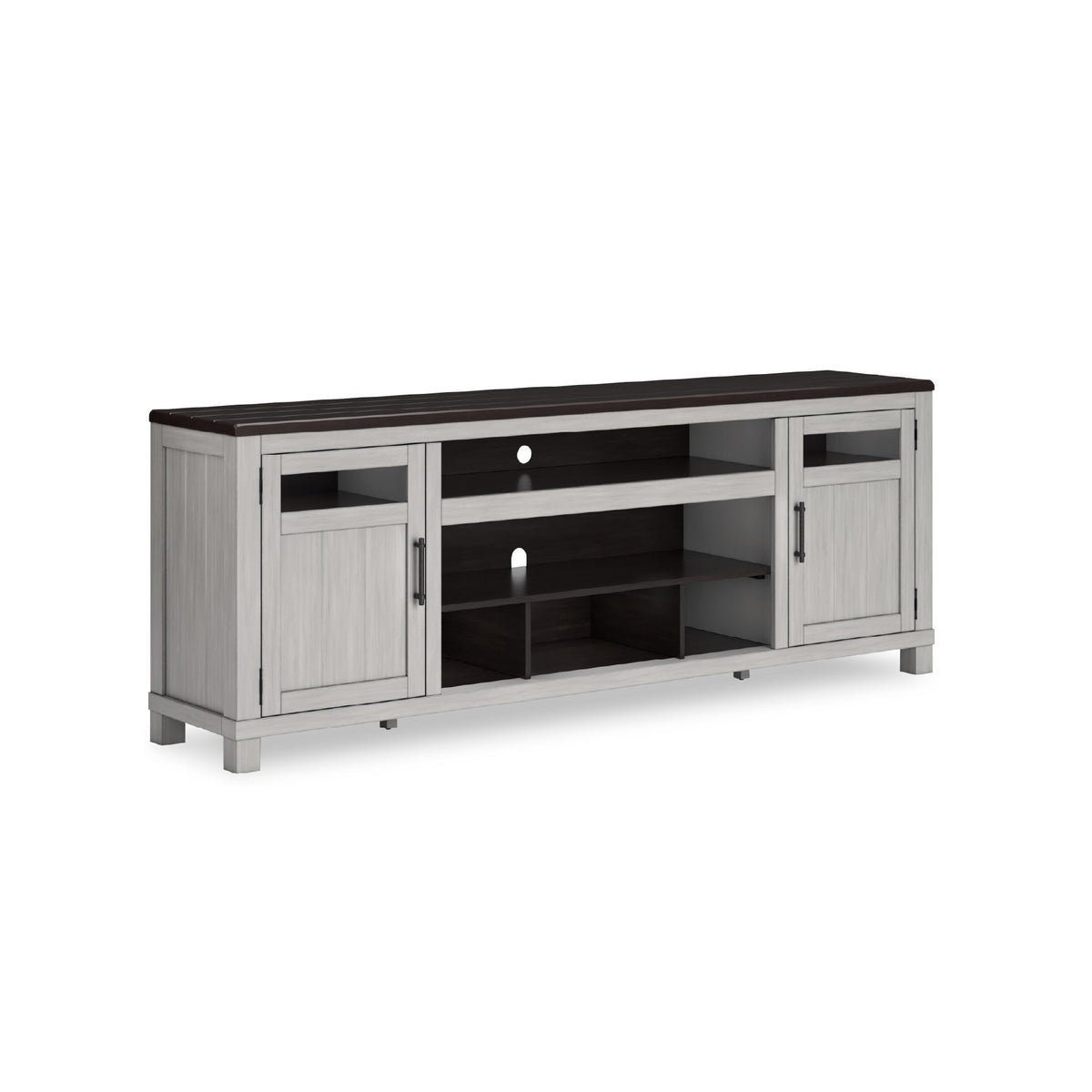 Signature Design by Ashley Darborn Farmhouse 88" TV Stand for TVs up to 101" with Adjustable Shelves, Cabinets, Cord Openings and Fireplace Option, Light Gray & Dark Brown