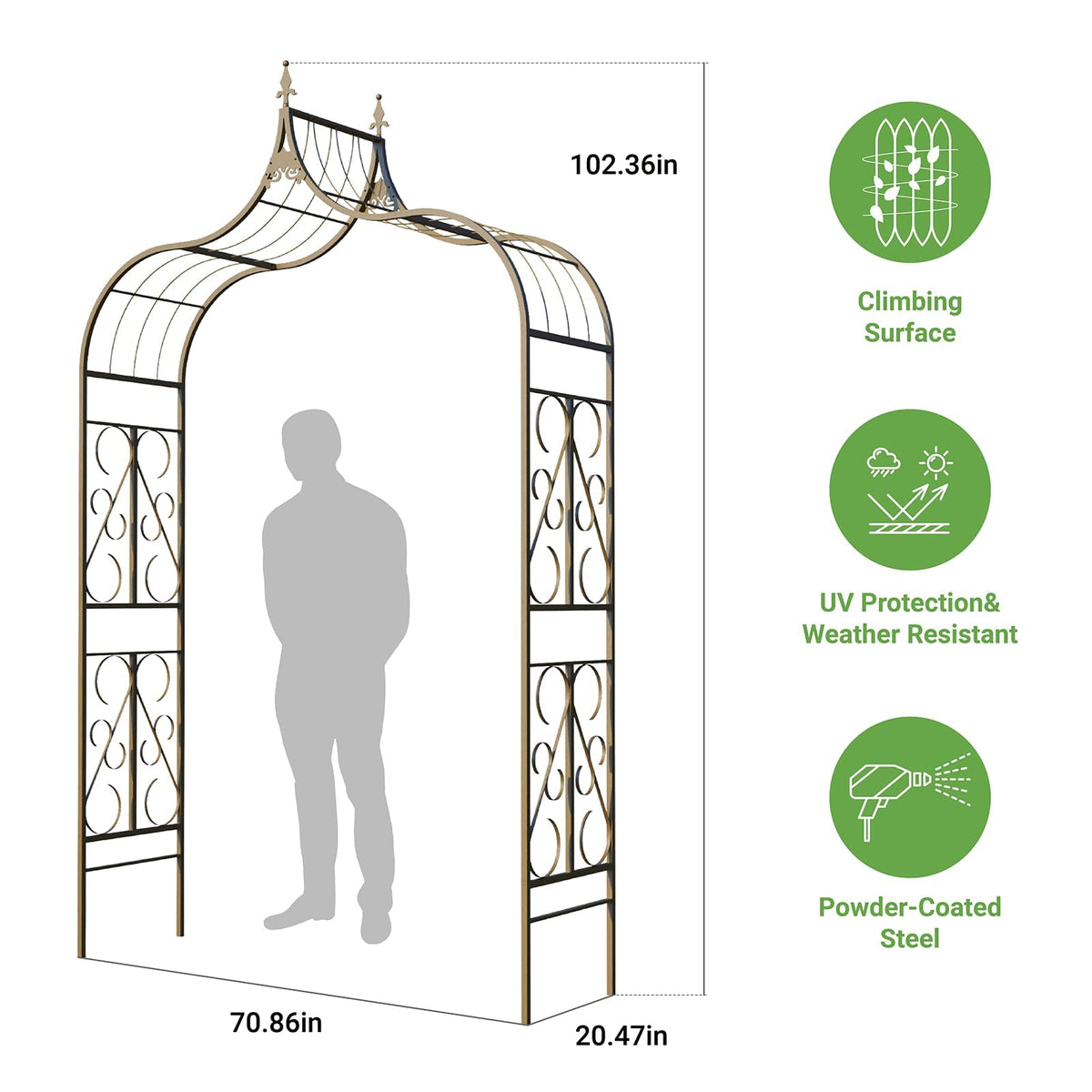 Meyrines Metal Garden Arbor, 102.36” Tall Wrought Iron Archway for Climbing Plants & Flowers, British-Style Garden Trellis,Gothic Inspired Spire,Copper