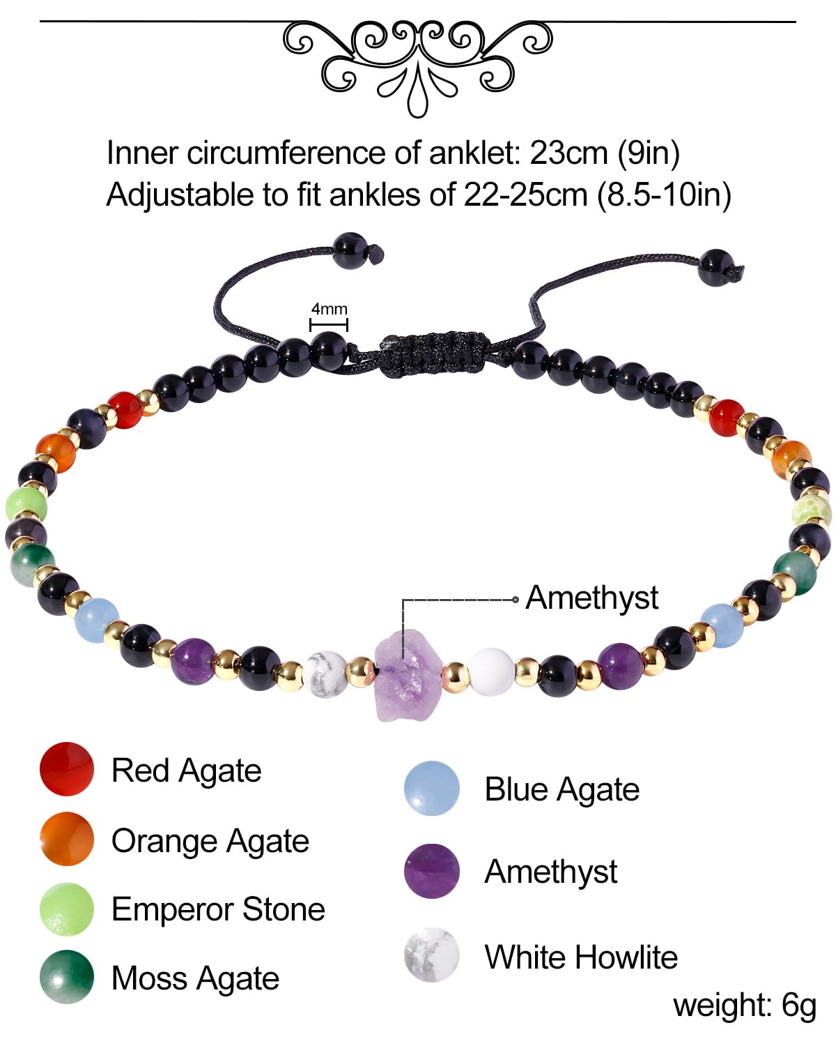Xfoxstal 7 Chakra Beaded Anklet Summer Beach Black Agate Amethyst Raw Stone Ankle Bracelets for Women Spiritual Crystals Energy Yoga Meditation Gifts