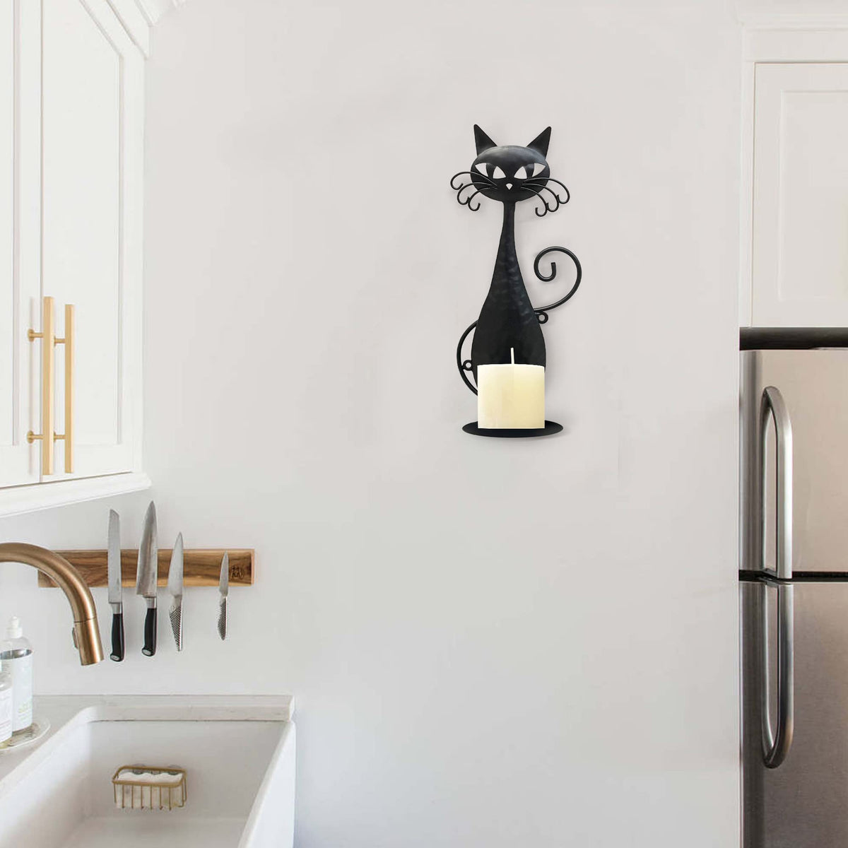 OFILLES Glass Candle Holders for Pillar Candles,Black Metal Cat Wall Sconces Candle Holder