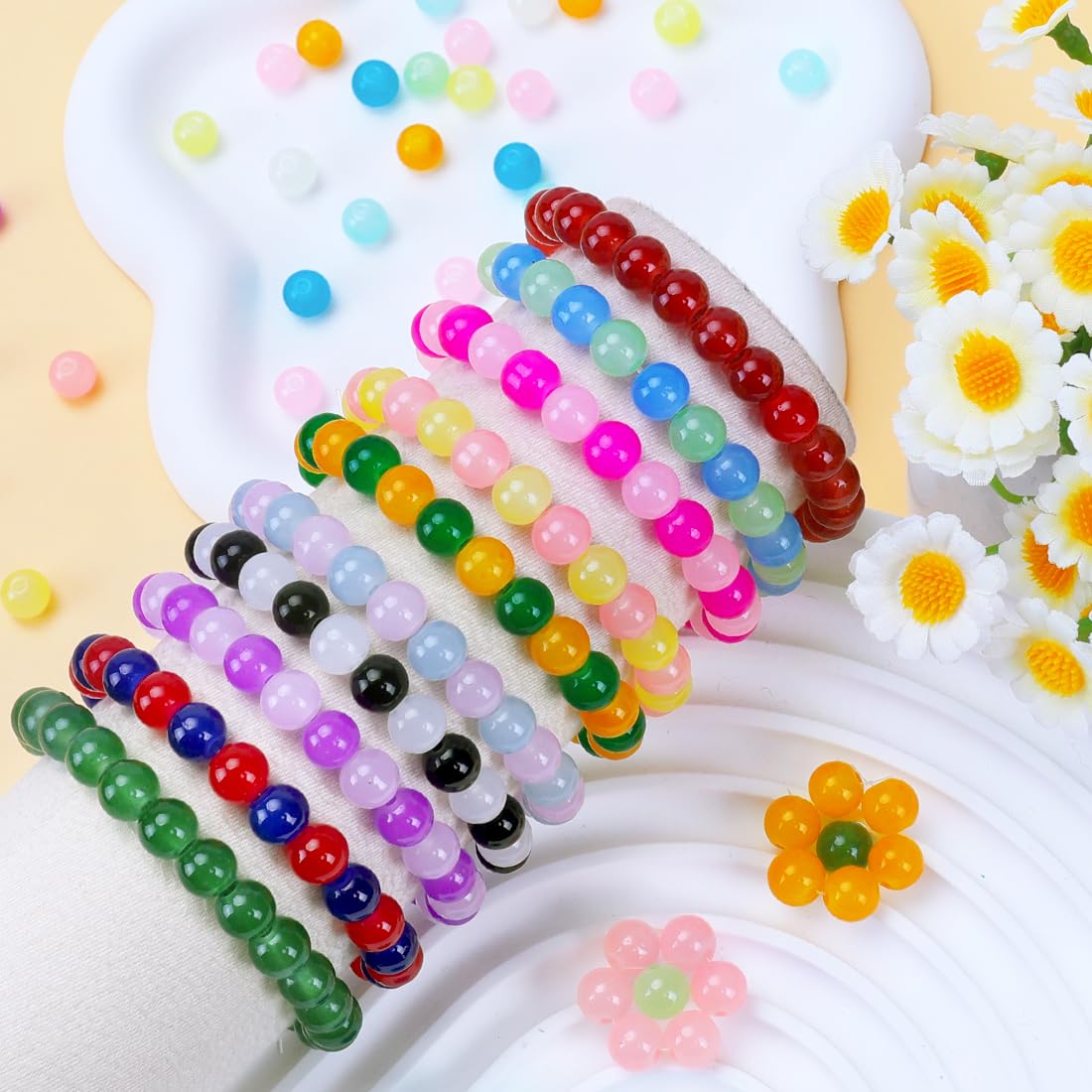 TrynJive 700pcs Glass Beads for Crafts– 24 Colors 8mm Crystal Glass Beads with Gold & Silver Spacer Beads and Elastic String for Bracelets, Necklace & DIY Crafts
