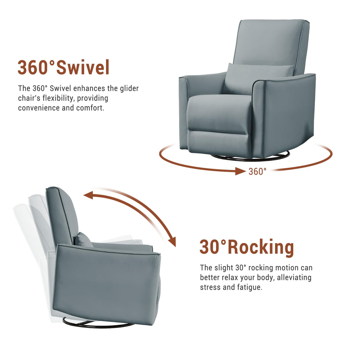 GarveeHome Swivel Rocking Recliner Chair, Upholstered Faux Leather Glider Recliner with Lumbar Support, high backrest & Padded armest, Manual Nursery Recliner for Living Room (Grey)