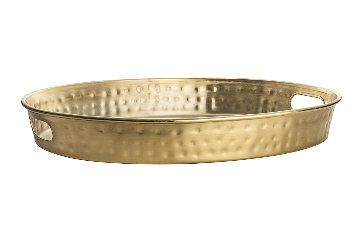 Monarch Abode Serving Tray with Handles – 17-Inch Hand Hammered Metal Platter for Living Room, Brushed Gold Finish Large Ottoman Tray Accent for Coffee Table, Tea & Food Serving Dish for Party