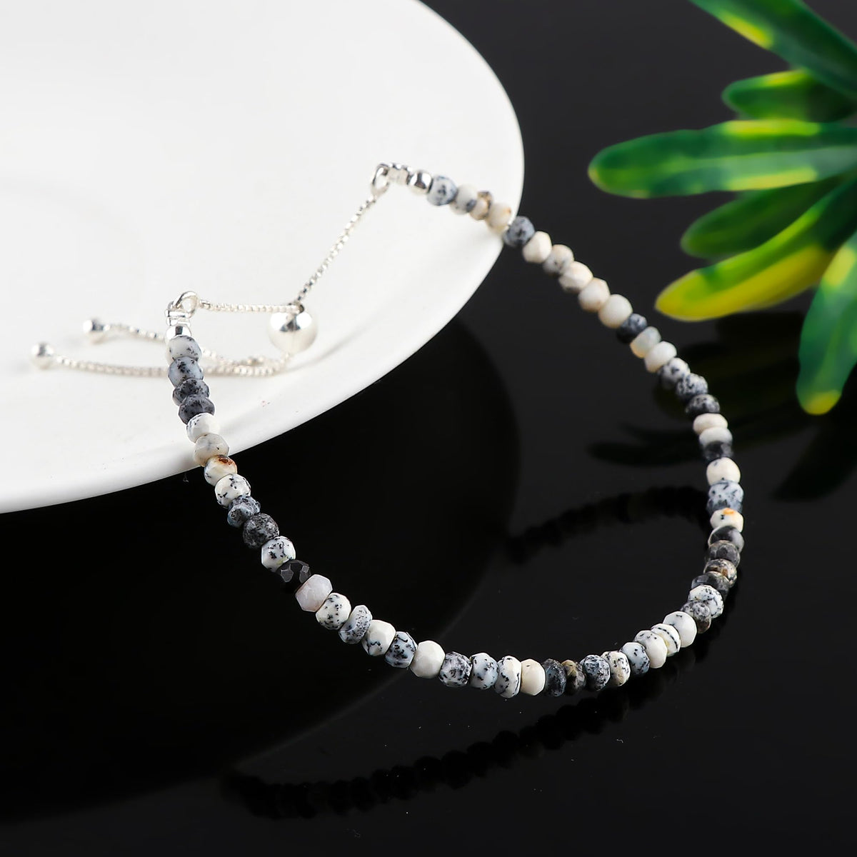 CRYSTALINES Natural Dendrite Opal Gemstone Bolo Bracelet, Faceted Beads Stones, Hypoallergenic Handmade Boho Jewelry for Women, Healing Crystals, Adjustable Silver Chain 6+4inch, Birthday Gift