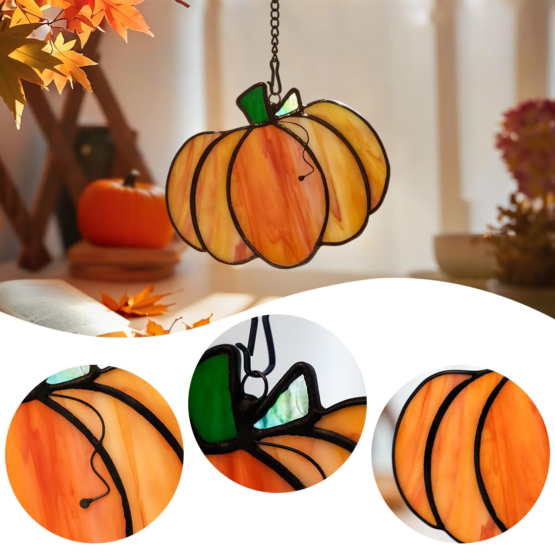 LITEPEDIA Pumpkin Decor Stained Glass Window Hanging,Autumn Decor Stained Glass Suncatcher for Window,Fall Pumpkin Gifts for Men Women Friend,Thankgiving Gift