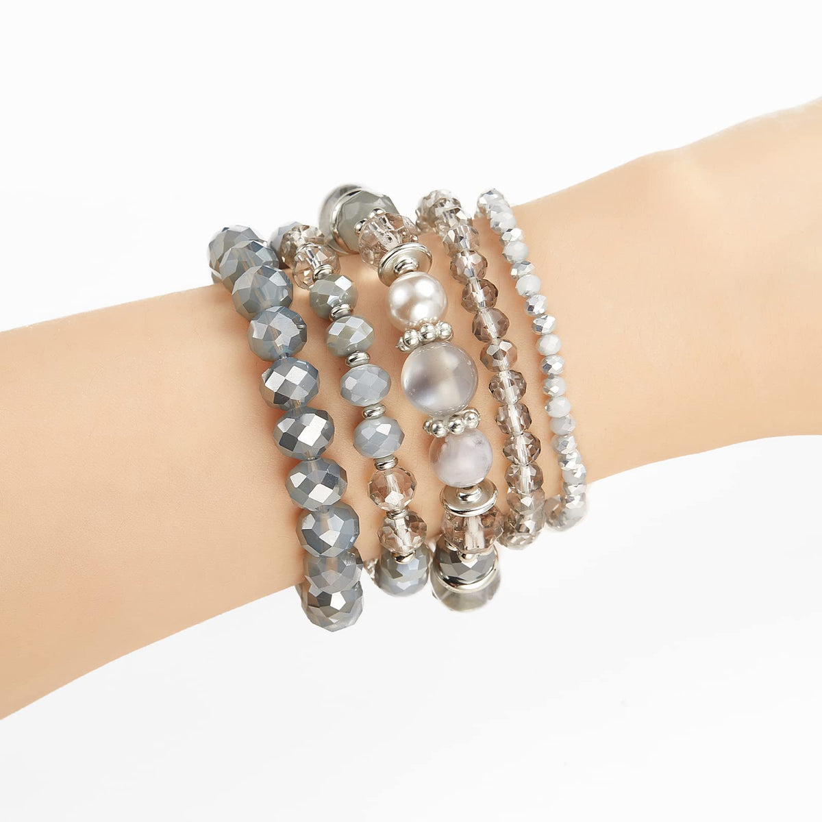 Noessla Beaded Boho Stretch Bracelet Colorful Stackable Crystal Beads Bracelets Trendy Costume Jewelry Mothers Day Gifts for Women(21-Grey)