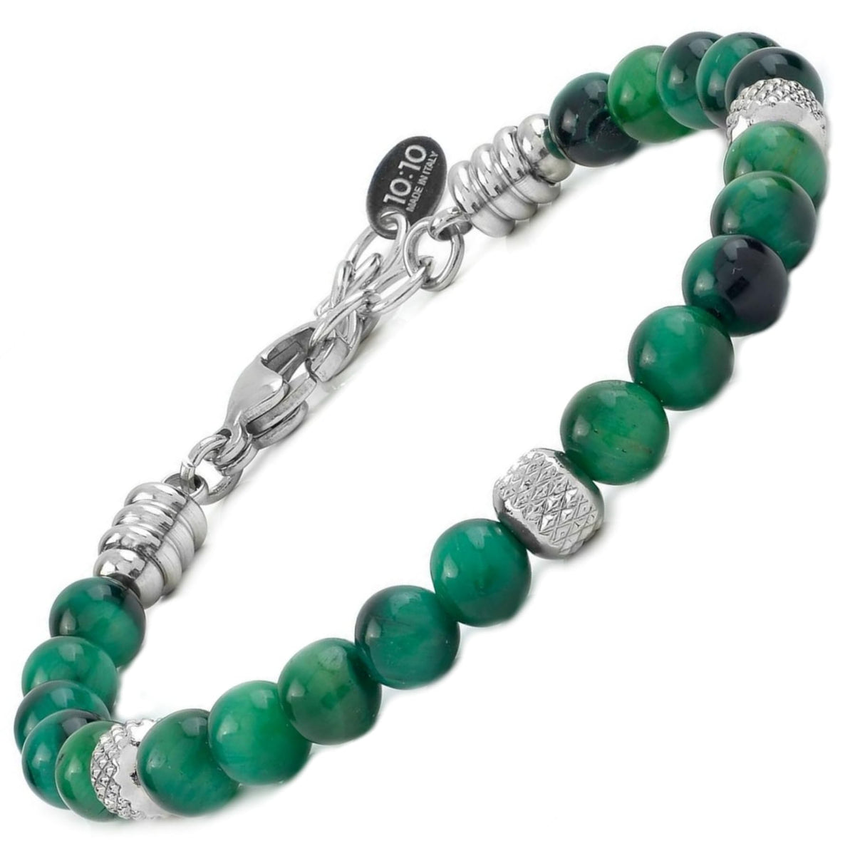 10:10 Beaded Bracelets for Men and Women – Natural Green Tiger Eye Gemstones and Stainless Steel – Adjustable, Durable and Elegant – Made in Italy
