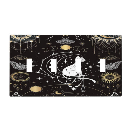White Cat Tarot Moon Phases Moth Celestial Gothic Light Switch Covers Quad Toggle Electrical Faceplate 4 Gang Wall Plate Decorative Switch Plates Cover for Kids Room Bedroom Decor
