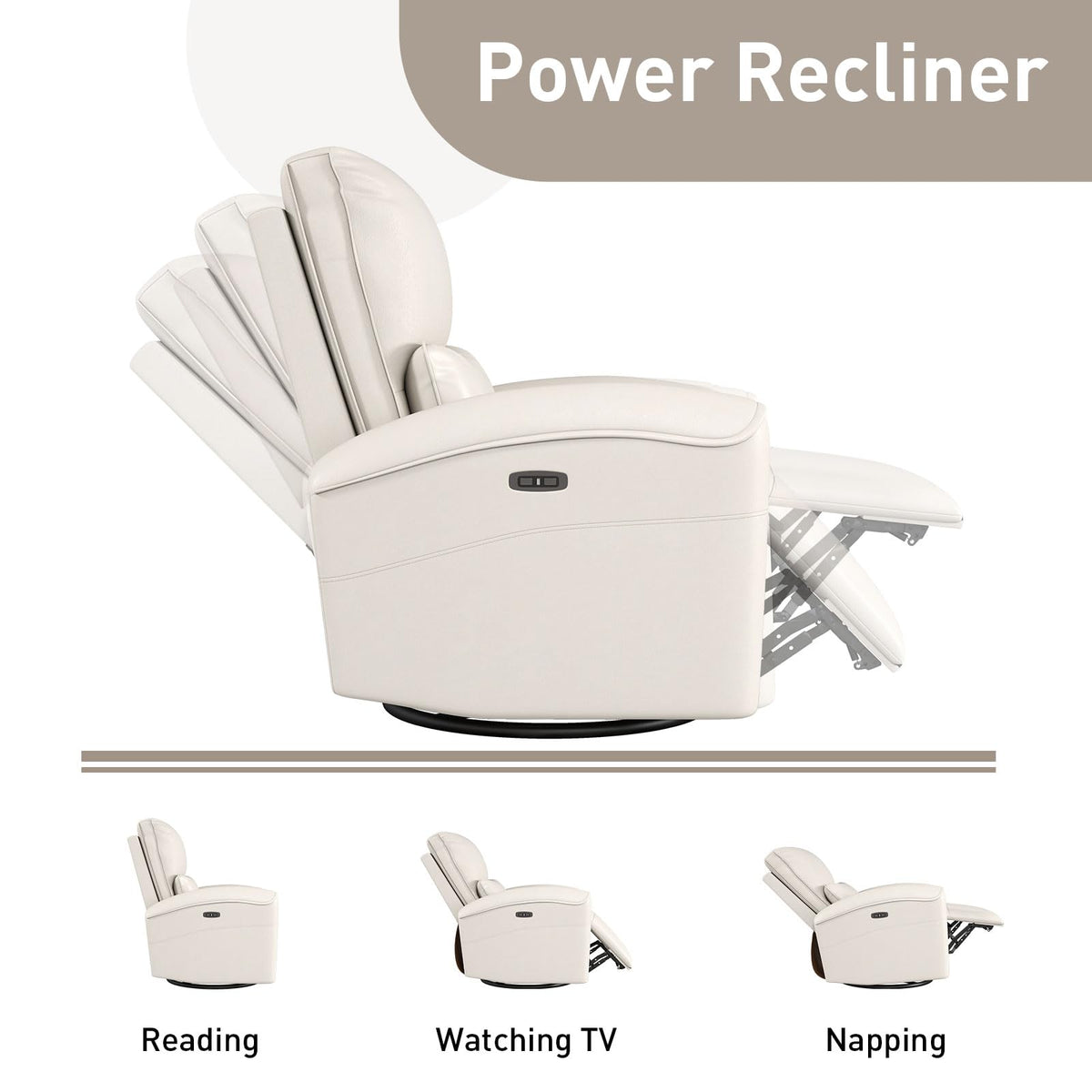 Bonzy Home Power Swivel Rocker Recliner Chair with USB Port, 23.2" Wide Seat, Fixed Lumbar Support, Upholstered Glider Chair for Nursery Living Room, Beige