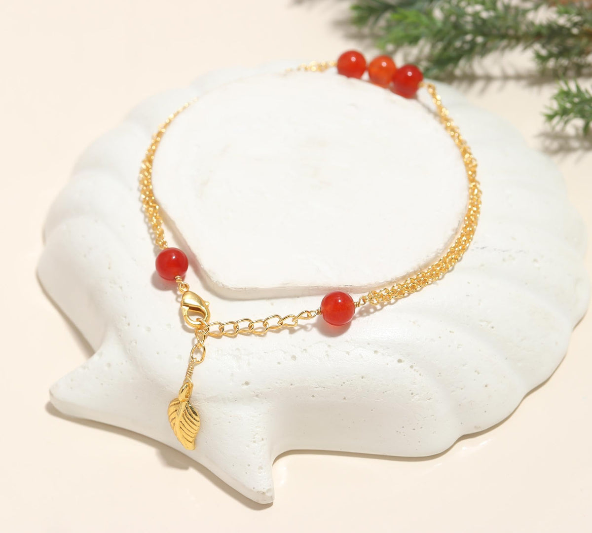 POSHPENDANT Handmade Carnelian Bead Bracelet – Natural 6mm Carnelian Beads – Vitality & Motivation – Dual Gold Brass Chain – Adjustable 7+1 Inch – Spiritual Gift for Her