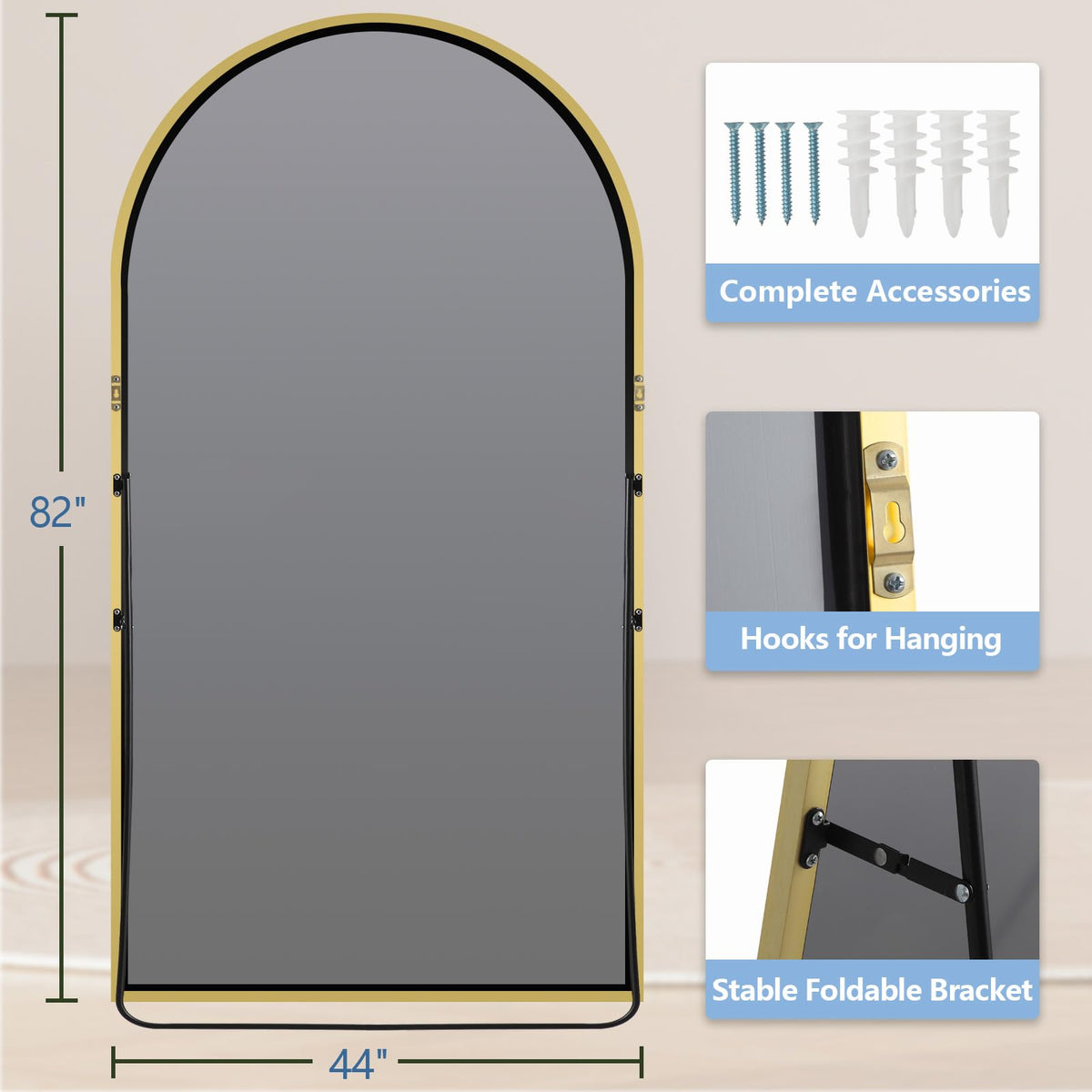 Oversized Floor Mirror Full Length 82"X44", Extra Large Arched Full Length Mirror with Stand, Tempered Glass Gold Standing Mirror for Bedroom Living Room Clothing Store Gym, Aluminum Alloy Frame