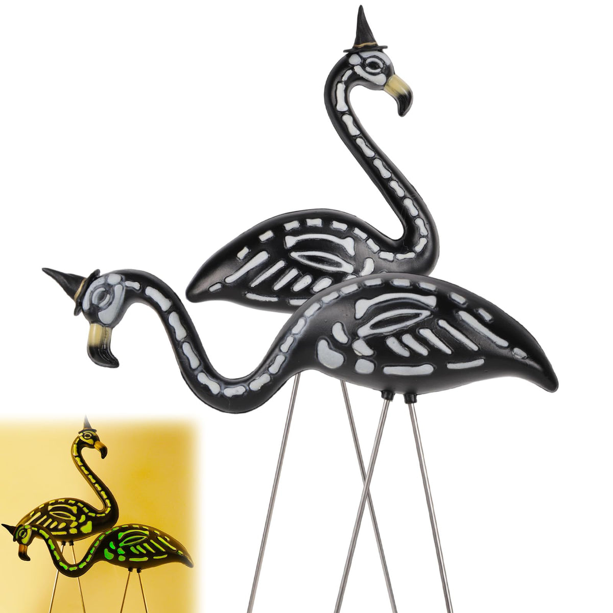 Goktvai 2pcs Halloween Skeleton Flamingos Garden Decor, Realistic Black Zombie Flamingo Figurines with Stakes for Outdoor Lawn Yard Halloween Animal Statue Ornament Window Display