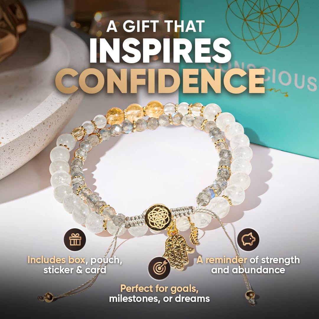 Conscious Items - Golden Hand of Fortune - Citrine Crystal & Moonstone Bracelet with Hamsa Hand for Wealth, Labradorite Bracelet for Inner Strength