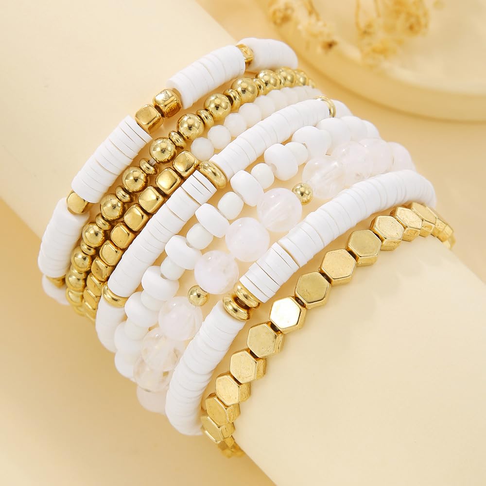 YEOSMINE Boho Heishi Clay Beaded Stretch Bracelets Stack For Women, Preppy Teens Friendship Gold Bracelets Cute Beach Surfer Accessories Bulk Set Trendy Fashion Jewelry