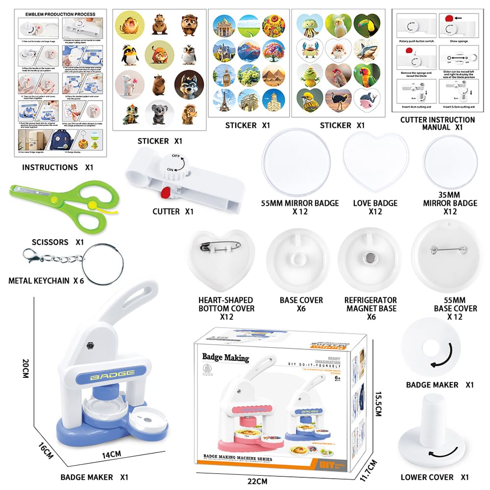 Button Maker Machine 2025 New,70Pack Pin Maker Installation-Free 55mm+35mm DIY Magnet Maker Press Machine Kit,Badge Punch Press Machine,with 36pcs Button(6 Magnet)&6 Keychain&Circle Cutter&Scissors