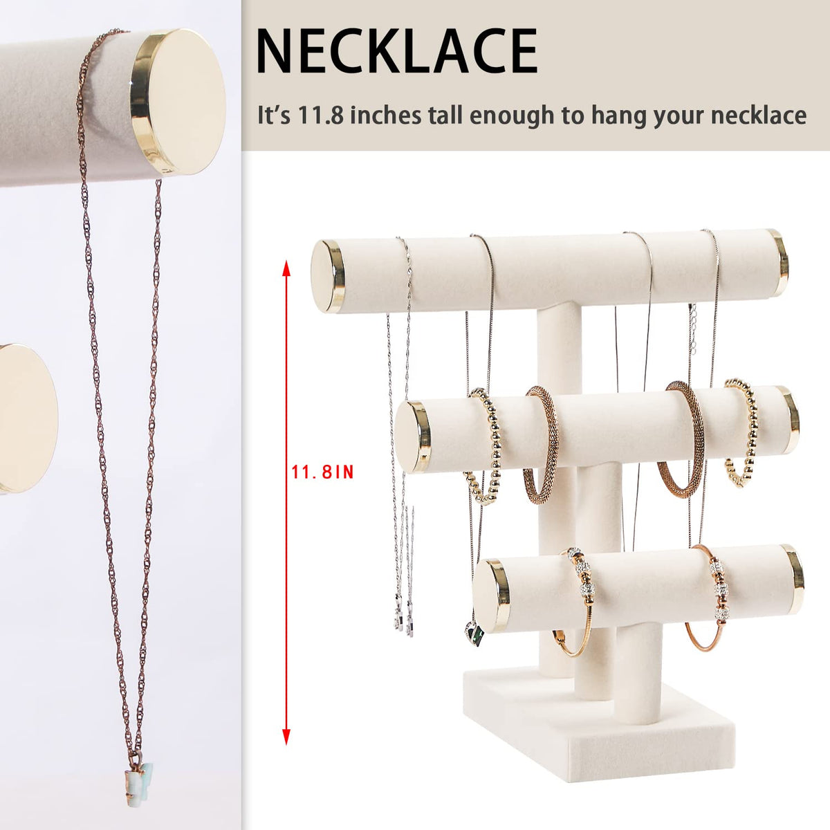 Pengup 3 Tier Bracelet Holder,Bracelet Display Stand with Metal Cap,Beige White Velvet Jewelry Organizer Displays for Necklace Scrunchies Watches Hair Ties.