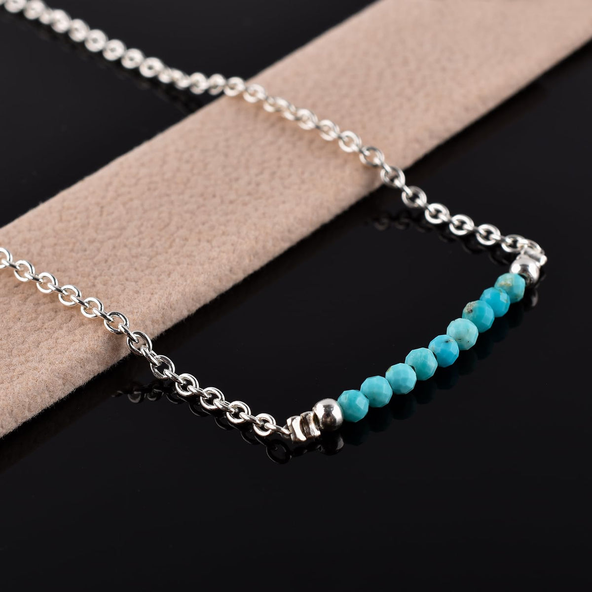 YANARA Turquoise Ankle Bracelet for Women Jewelry, Natural December Birthstone, Gemstone Beads, Handmade Dainty Anklet 9"+1.25" inch, 3mm Rounds, Chakra Energy Crystals, Silver Plated Chain