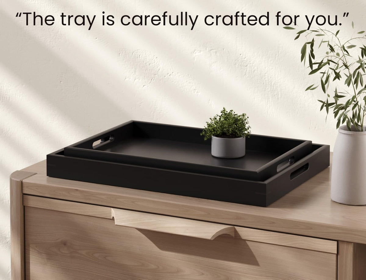 Fibogollo Bamboo Set of 2 Serving Tray with Handles,Decorative Trays Platter,Breakfast Tray in Bed,Food Drinks Tray for Eating,Working,Storing(Black)