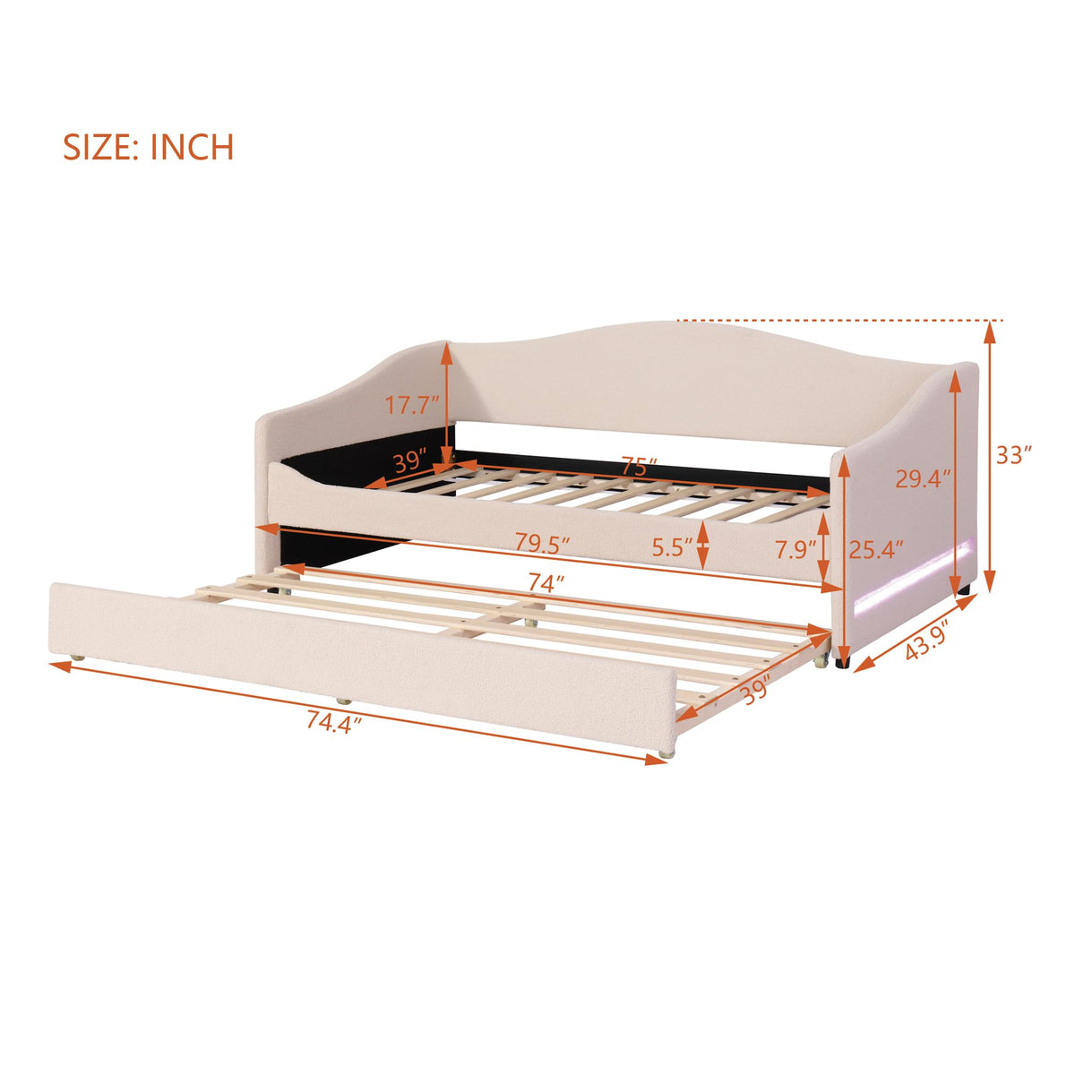 Merax Twin Size Upholstered Daybed with Light and Trundle, Beige Teddy Fleece Sofa Bed Modern Wooden Platform Bed Frame for Bedroom, Living Room, Guest Room, Apartment