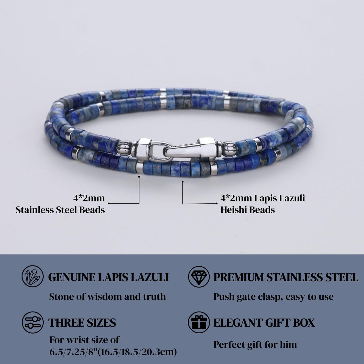 COAI Heishi Beaded Bracelet for Men, Double Layered Lapis Lazuli Crystal Bracelet for Men S