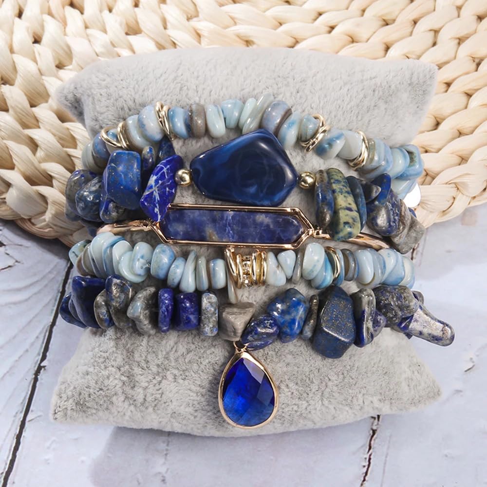 Yomisa 5PCS Natural Boho Beaded Bracelets Bangle for Women Men,Healing Turquoise Tiger eyes Agate Crystal Gemstone Stone Diamond Chakra Multi Wrap Bohemian Handmade Jewelry Beads Stretch Bracelet Set